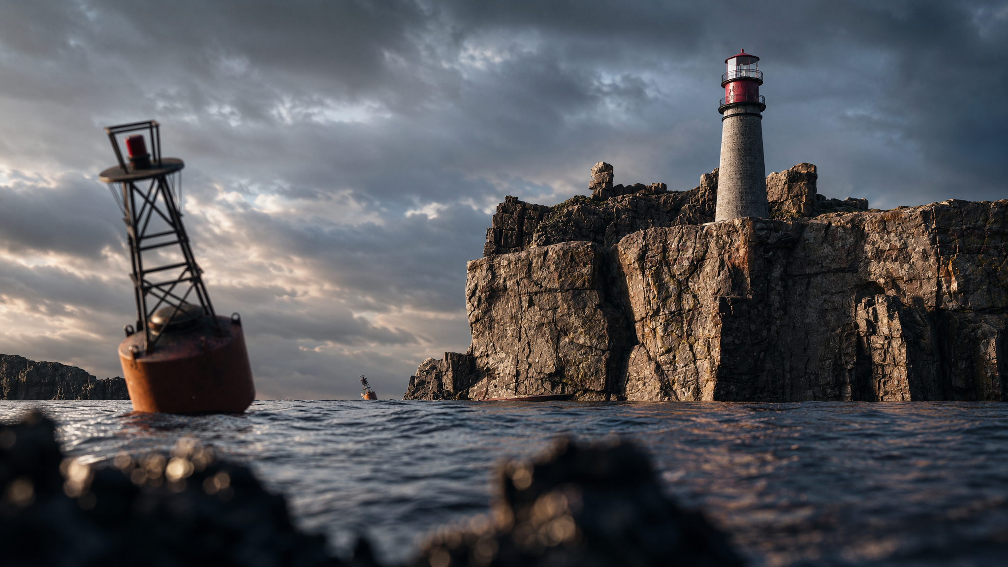 Historic lighthouse on a massive rocky cliff with sheer faces, featuring a weathered navigational buoy in the foreground ocean waves. Rugged maritime coastline visualization with a small wooden boat. High-resolution render.
