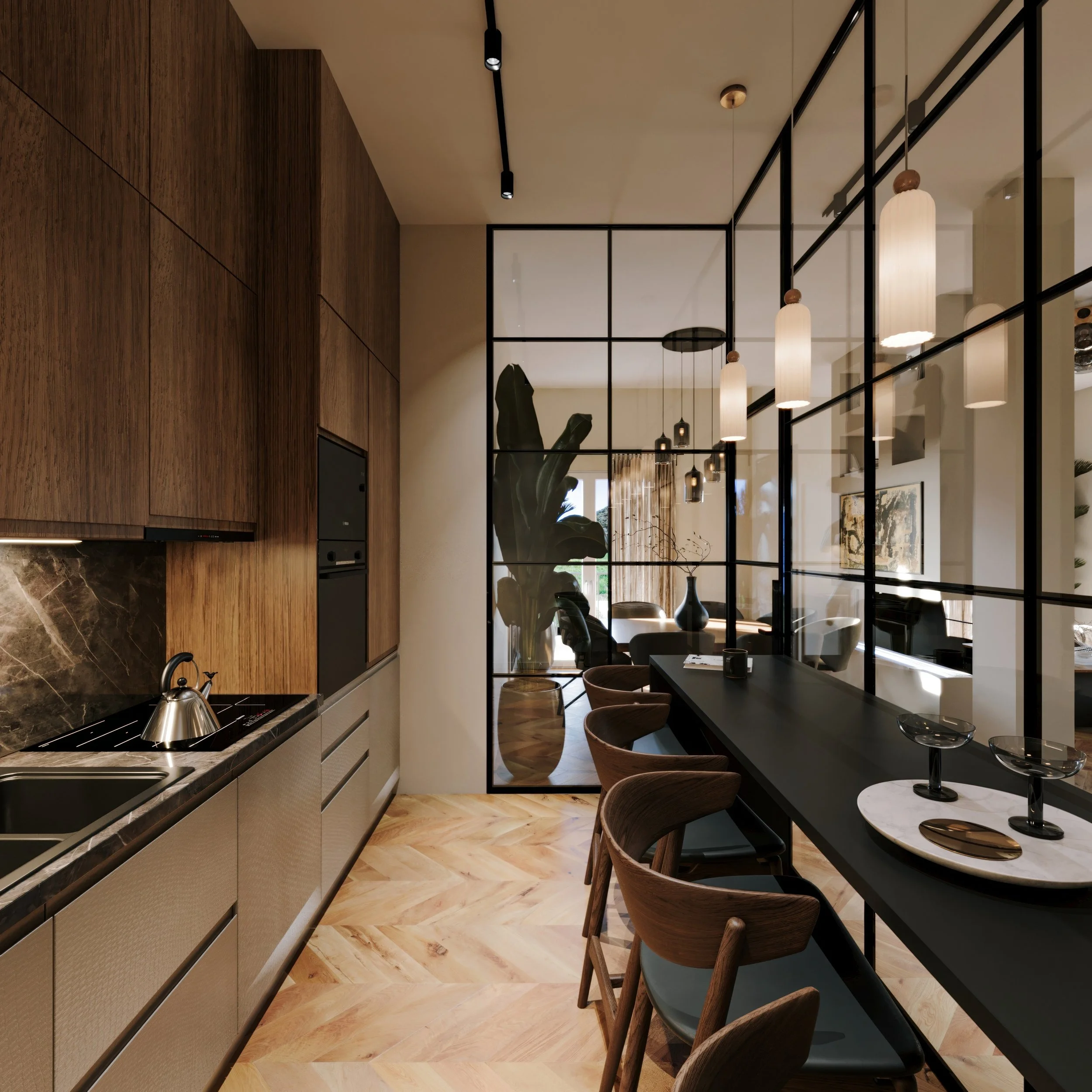 Modern galley kitchen 3D render with dark walnut cabinetry, dark marble countertops, chevron parquet flooring, black Crittall glass partition wall, and breakfast bar counter with wooden bar stools.