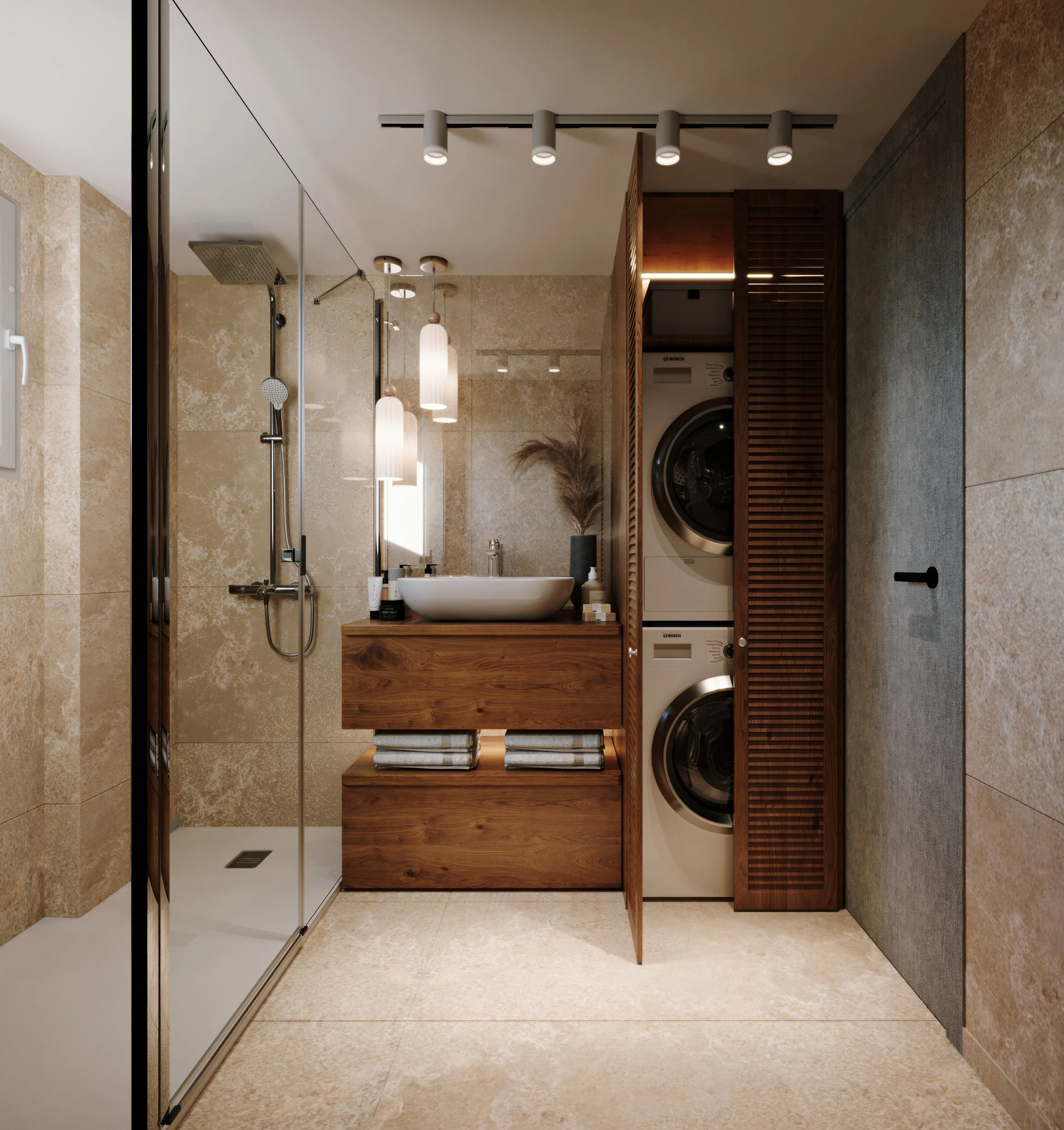 Modern bathroom 3D render with beige travertine tiles, walk-in glass shower, floating walnut vanity with vessel sink, fluted pendant lights, and stacked washer-dryer concealed in a louvred wood cabinet.