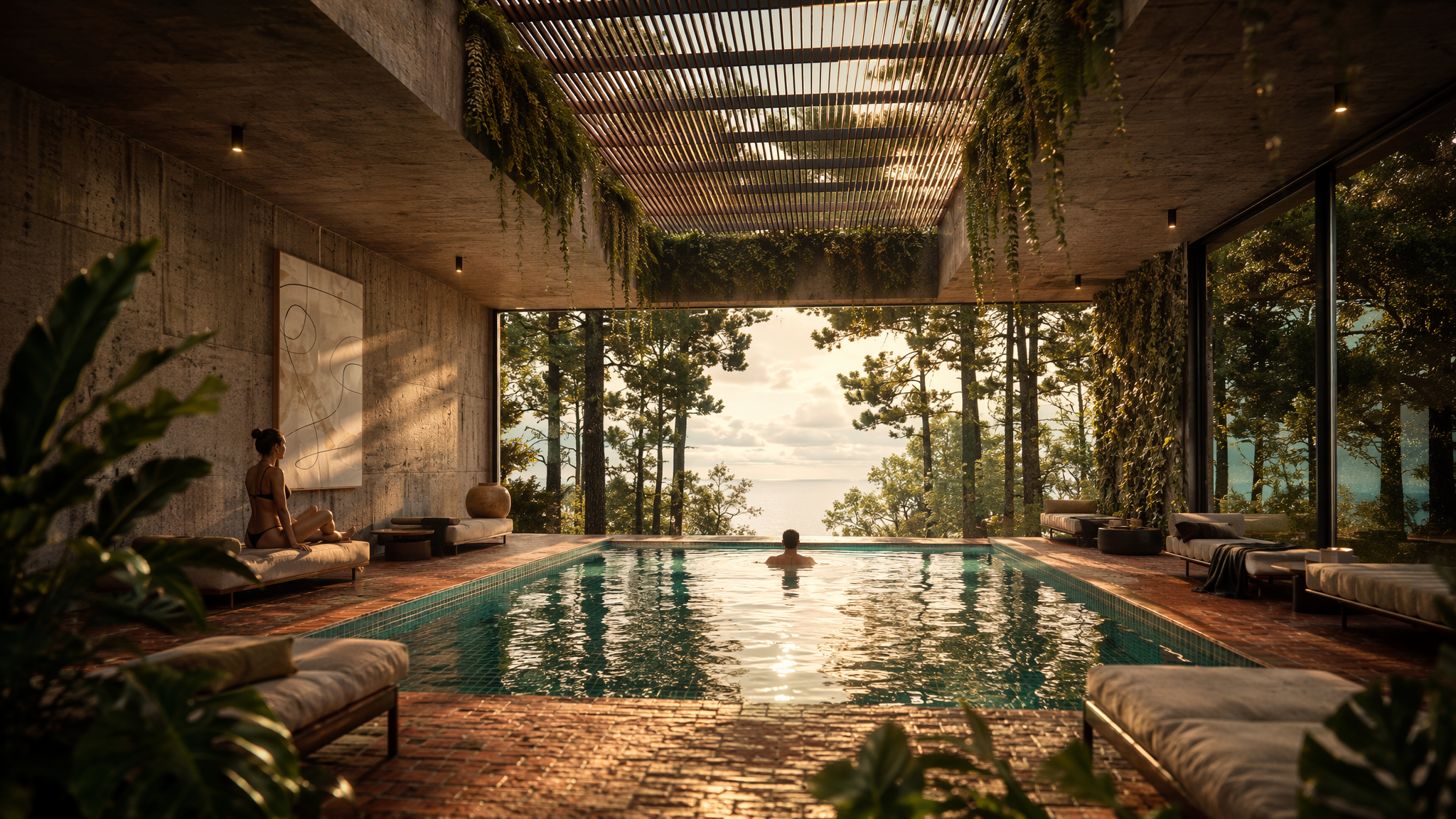 Eco-brutalist indoor swimming pool 3D render with raw concrete walls, hanging greenery, timber slatted ceiling, terracotta brick pool deck, and pine forest ocean view at golden hour.