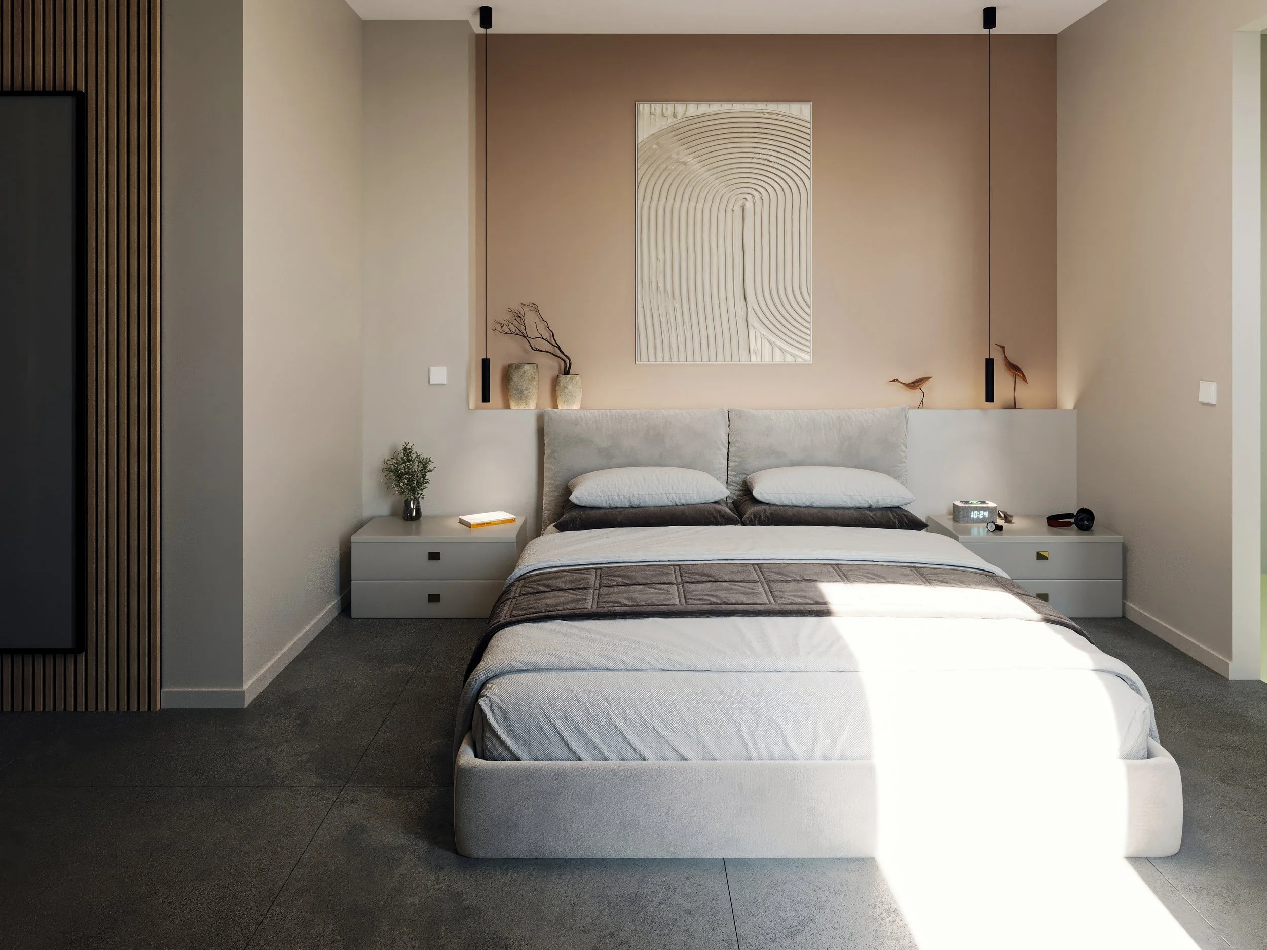 Modern master bedroom visualization featuring a grey upholstered bed, textured arch wall art, vertical wooden slat panels. Two-tone feature wall with cylindrical pendant lights and decorative elements. Natural sunlight illuminating the concrete floor