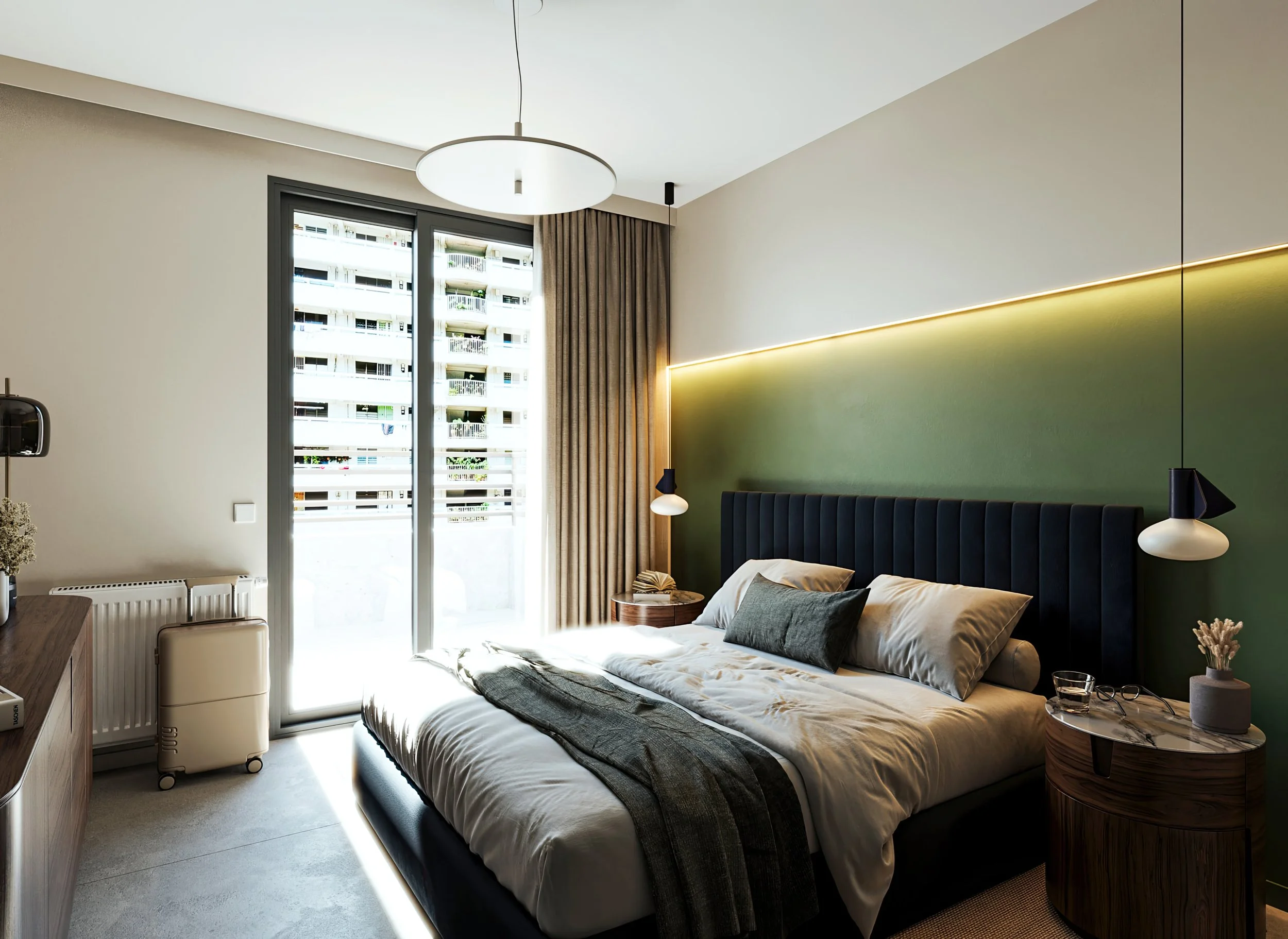 Luxury Japandi hotel room interior render featuring a velvet tufted bed, a custom green textured accent wall, and panoramic misty mountain view through sheer curtains. Premium beige suitcase and wellness diffuser on a wooden dresser.