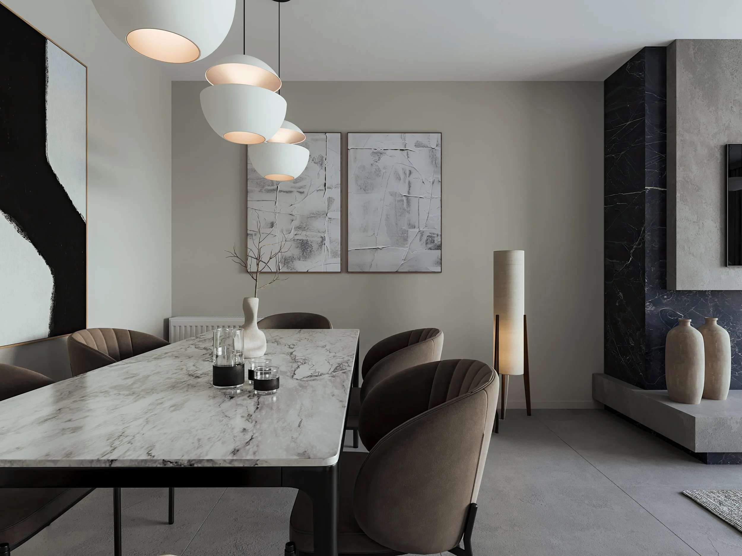 Modern dining room detail 3D render featuring a veined marble dining table, taupe velvet chairs, multi-tiered pendant lights, abstract canvas wall art, and a concrete fireplace feature wall.