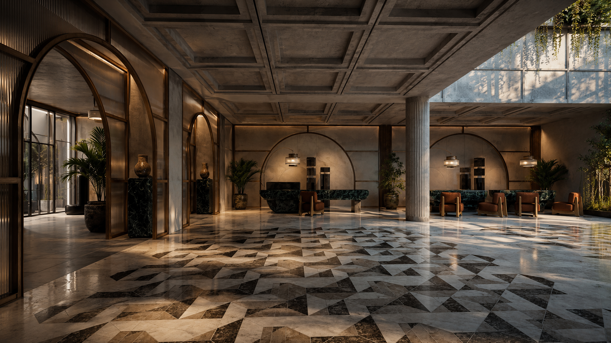Interior view of a modern hotel lobby with marble flooring, large windows with natural light, potted plants, and seating areas with armchairs and sofas.