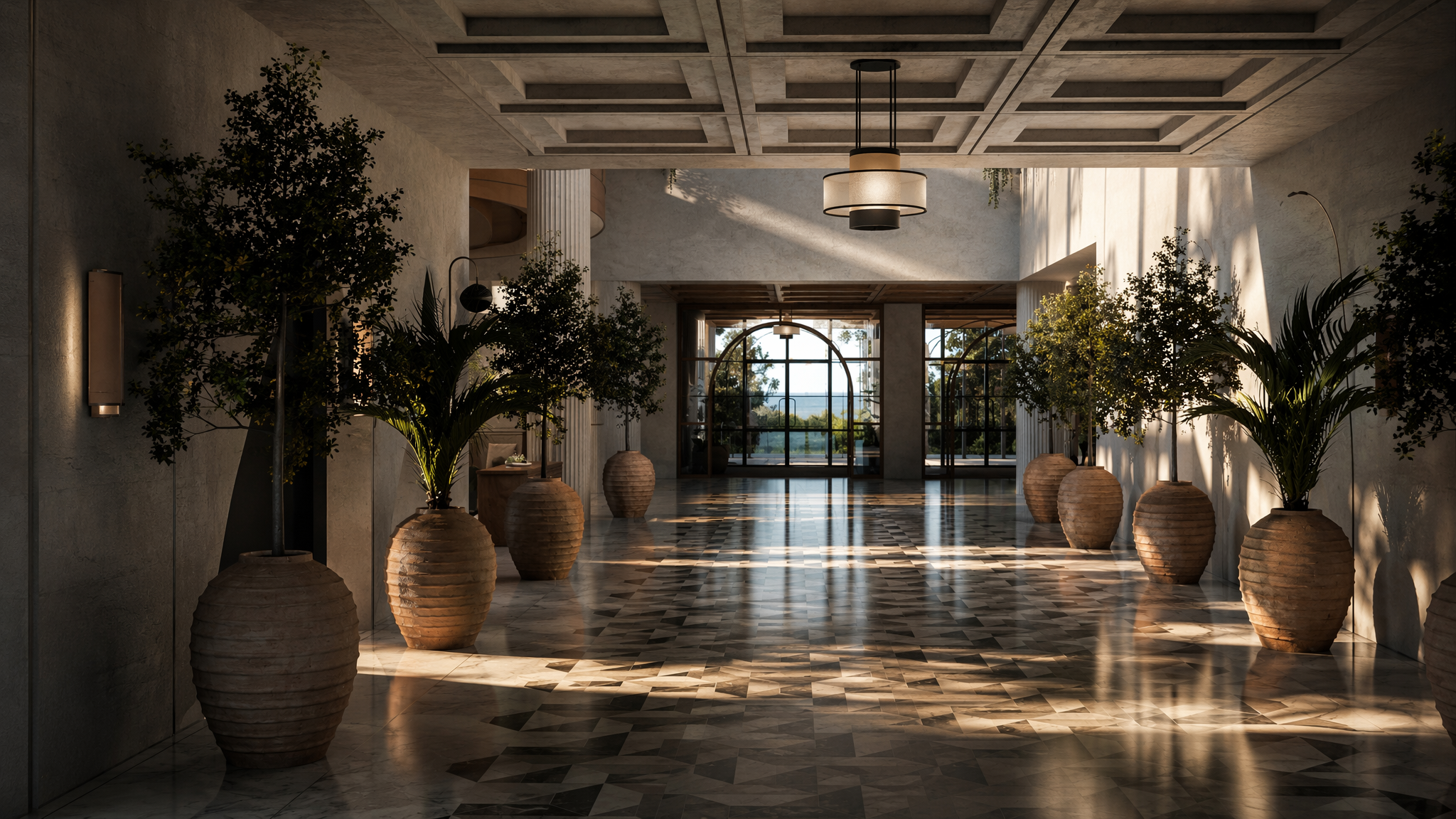 Grand luxury hotel lobby corridor 3D render featuring a coffered concrete ceiling, geometric marble tile flooring with dramatic sunlight reflections, large terracotta amphora planters with trees, and arched glass doors to the outdoors.