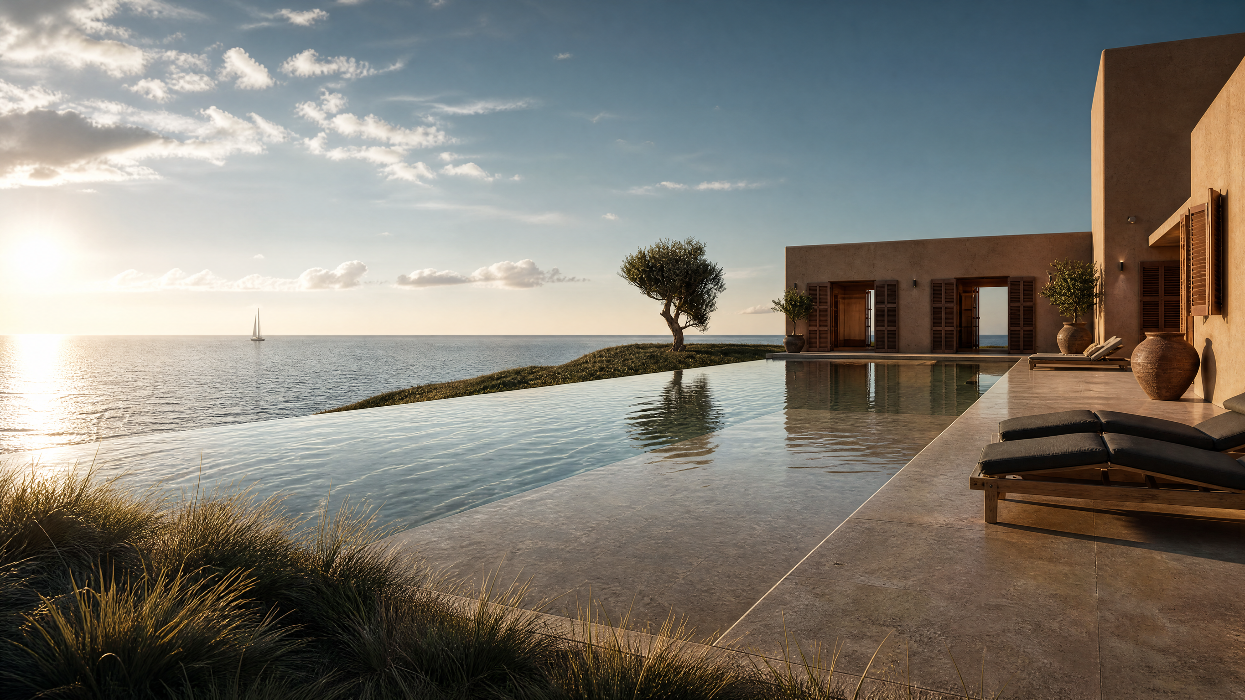 3D photorealistic architectural visualization of a modern luxury coastal villa with an infinity pool overlooking the Mediterranean Sea at sunset. Features warm earth-toned plaster walls, wooden louvered shutters, clay amphora pots, olive tree.