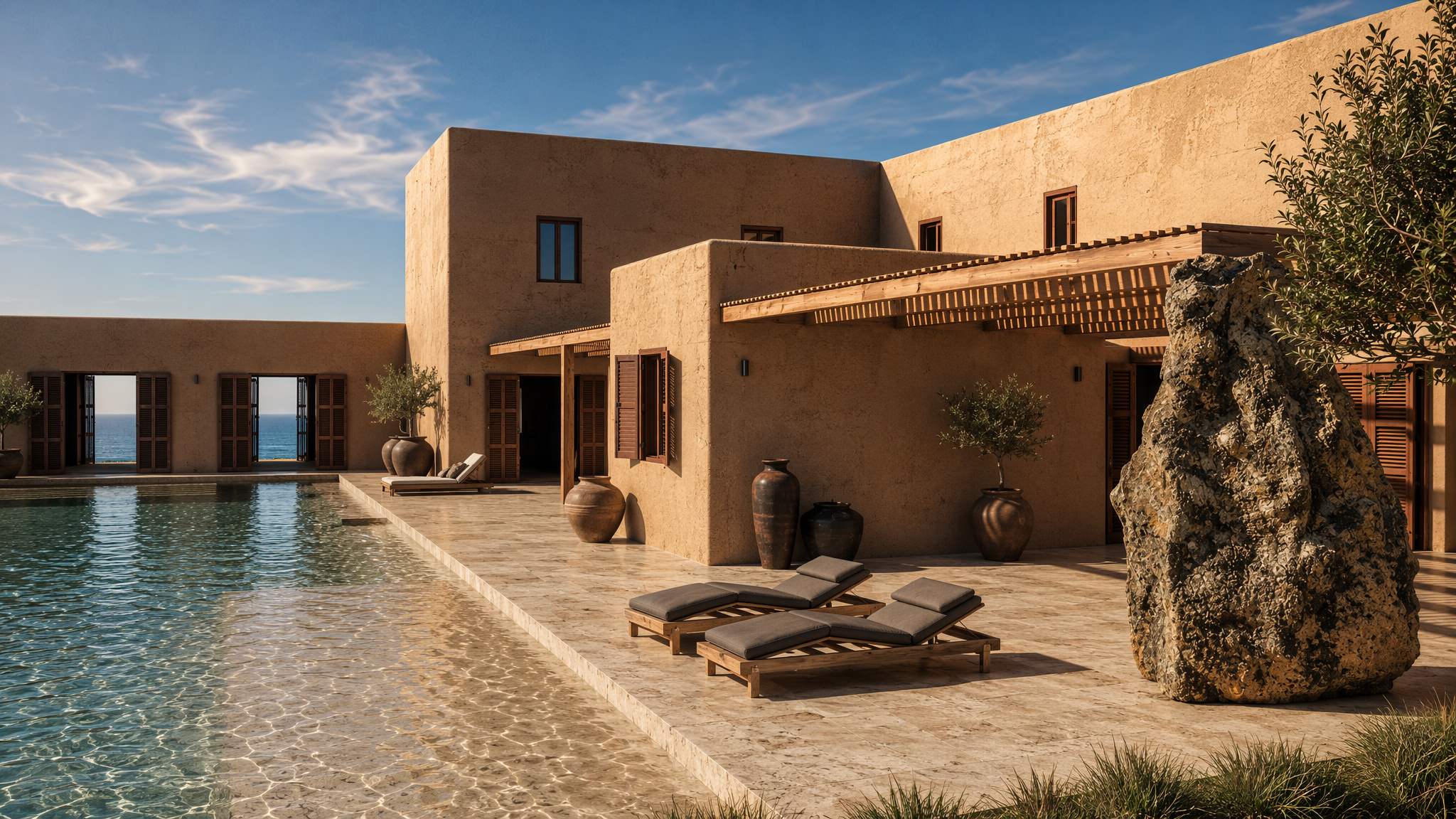 Exterior photograph of a modern luxury Mediterranean-style coastal resort. Shimmering swimming pool in the foreground, with wooden lounge chairs on a travertine terrace. Features earth-toned stucco architecture, antique terracotta amphora pots.