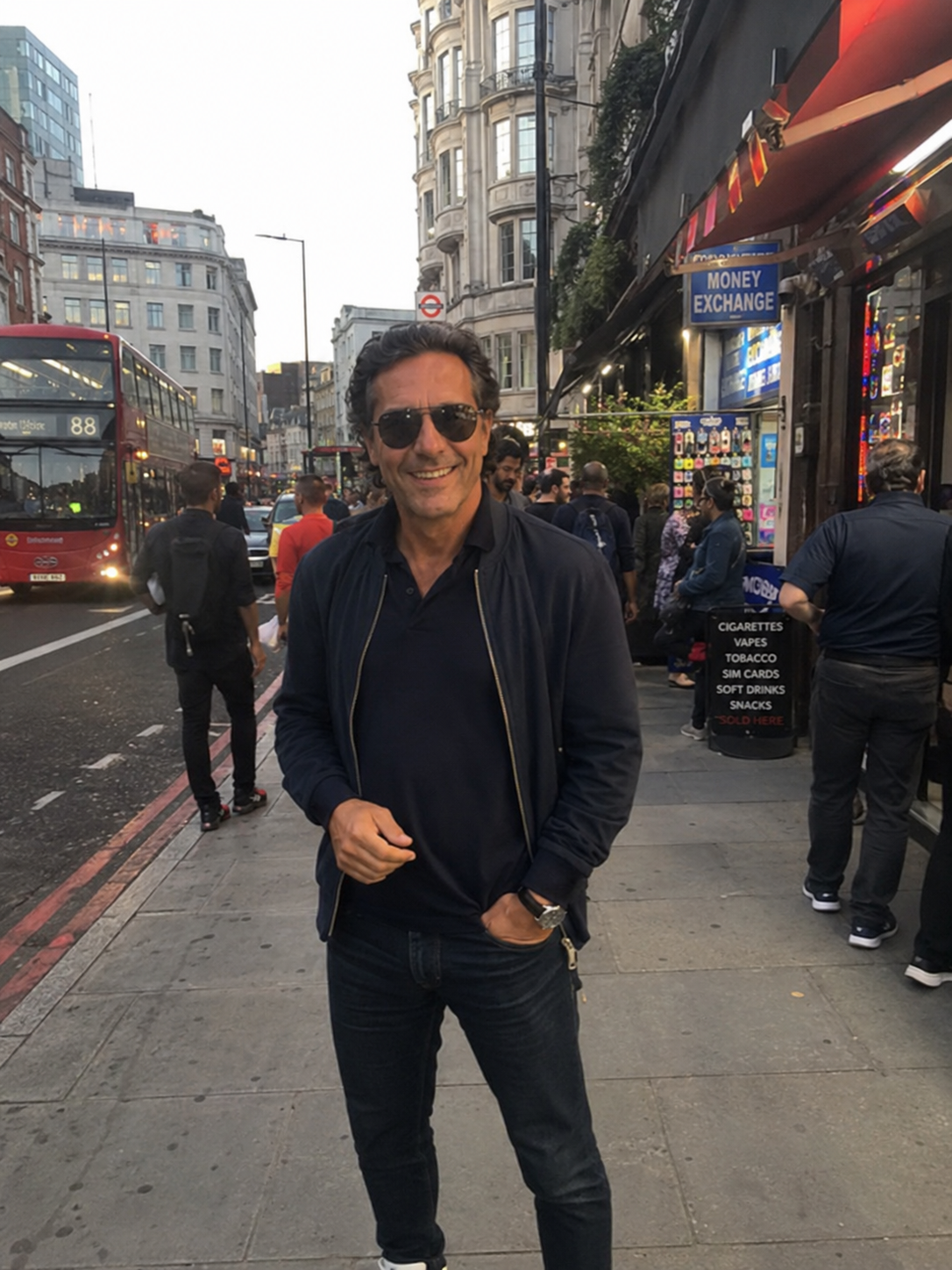 A smiling man wearing sunglasses, a dark jacket, and jeans on a busy city street with buses, pedestrians, shops, and buildings.
