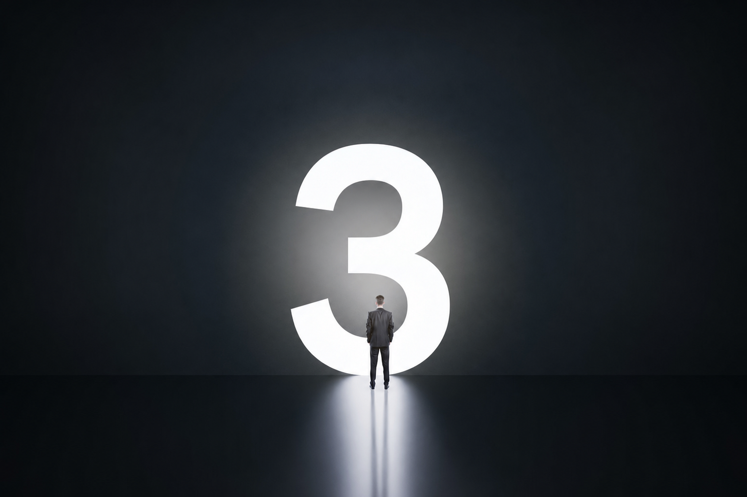 A person in a suit standing before a large illuminated number 3 against a dark background.