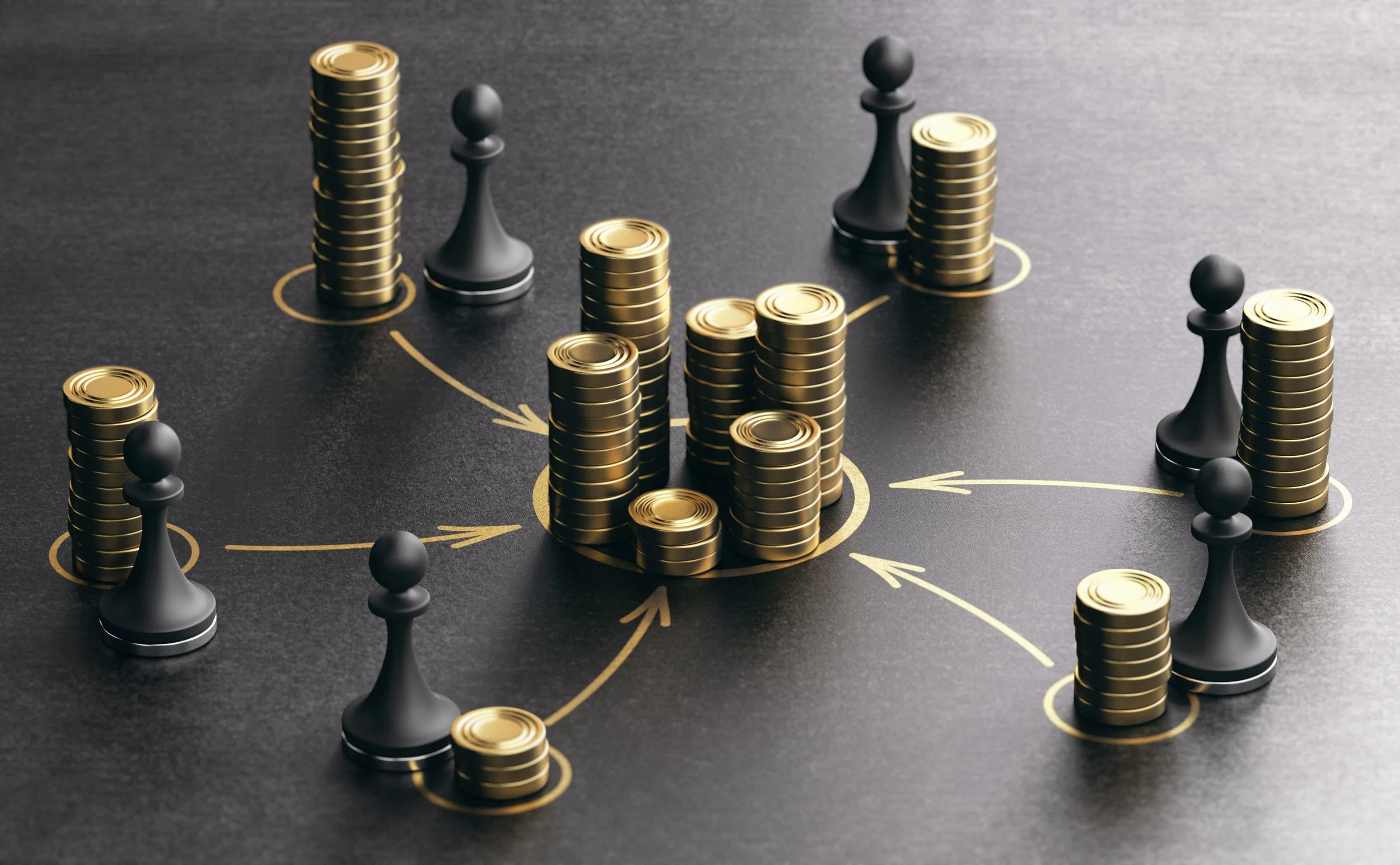 Black and gold stacked coins and black pawn chess pieces on a black surface with yellow arrows indicating strategic movement.