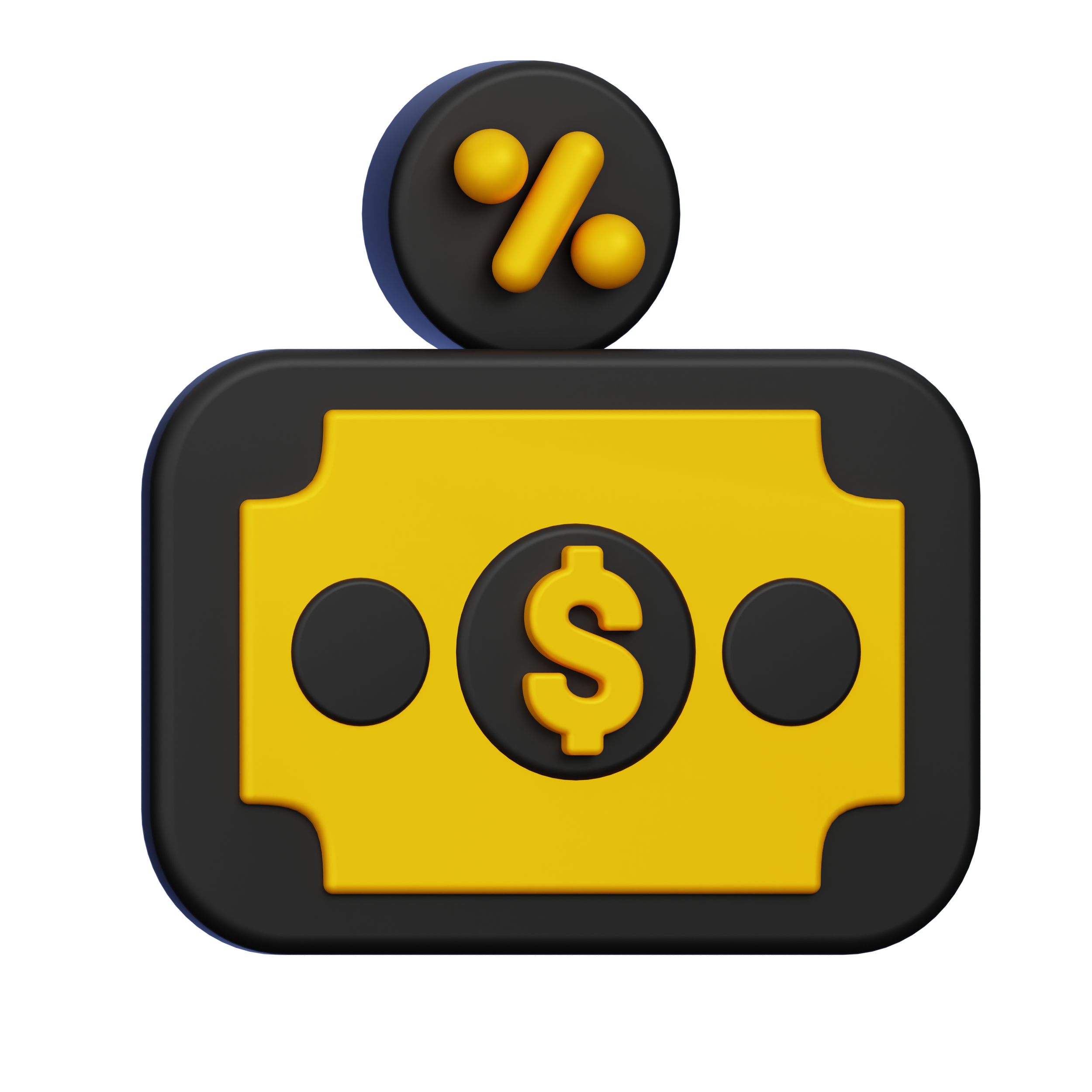 Close-up of a 3D graphic of a black circular button with yellow percentage symbol and yellow dollar sign symbols, partly obscured by a black rectangular object in the foreground.