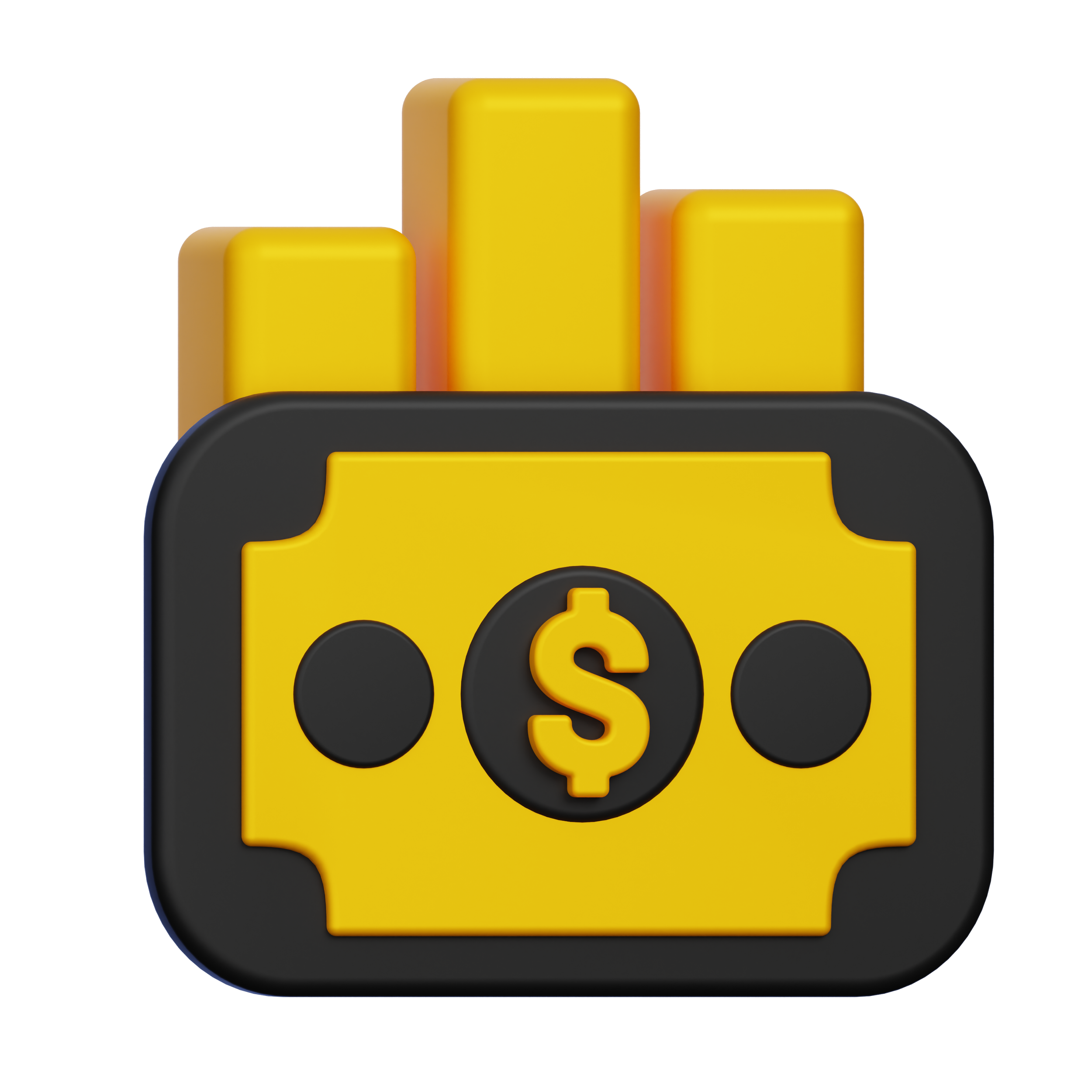 A graphic of a yellow bar chart with three bars, second one the tallest, on a black and purple background, with a yellow dollar sign in the foreground.