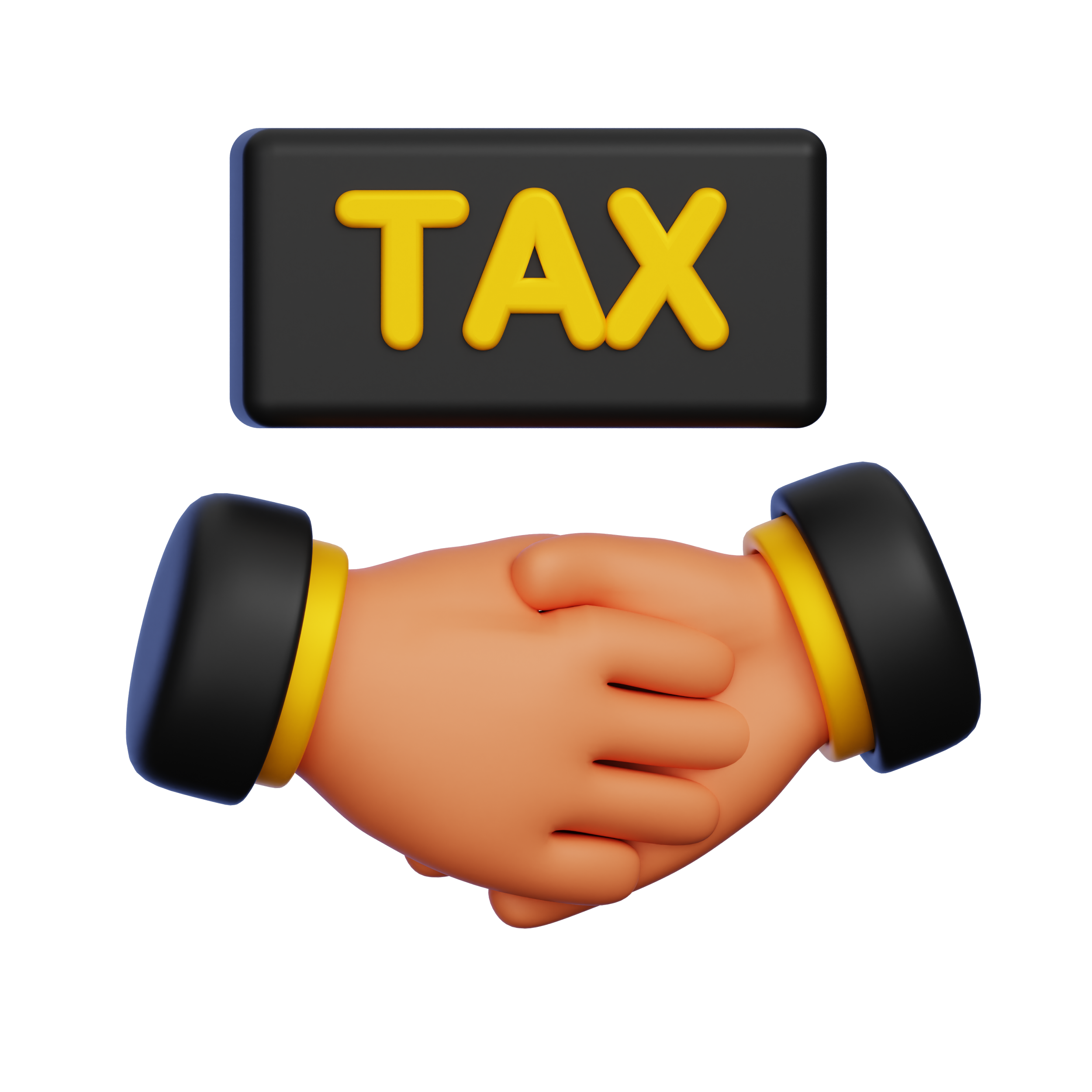 A cartoon-style hand holding a black sign with yellow 3D text that reads 'TAX'