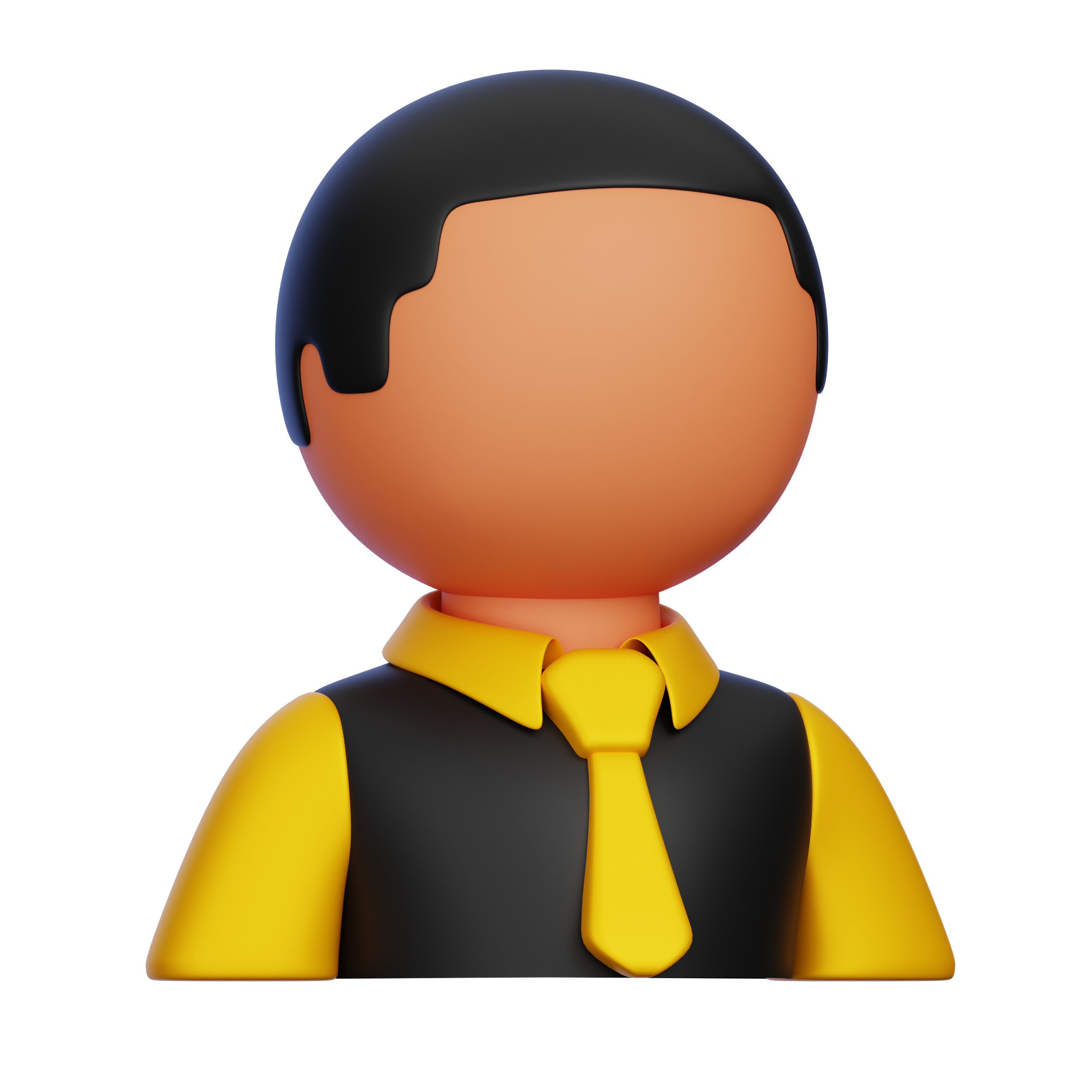 Animated cartoon character with a bald head, wearing a black shirt with yellow accents, and orange face makeup, with a black hairpiece.