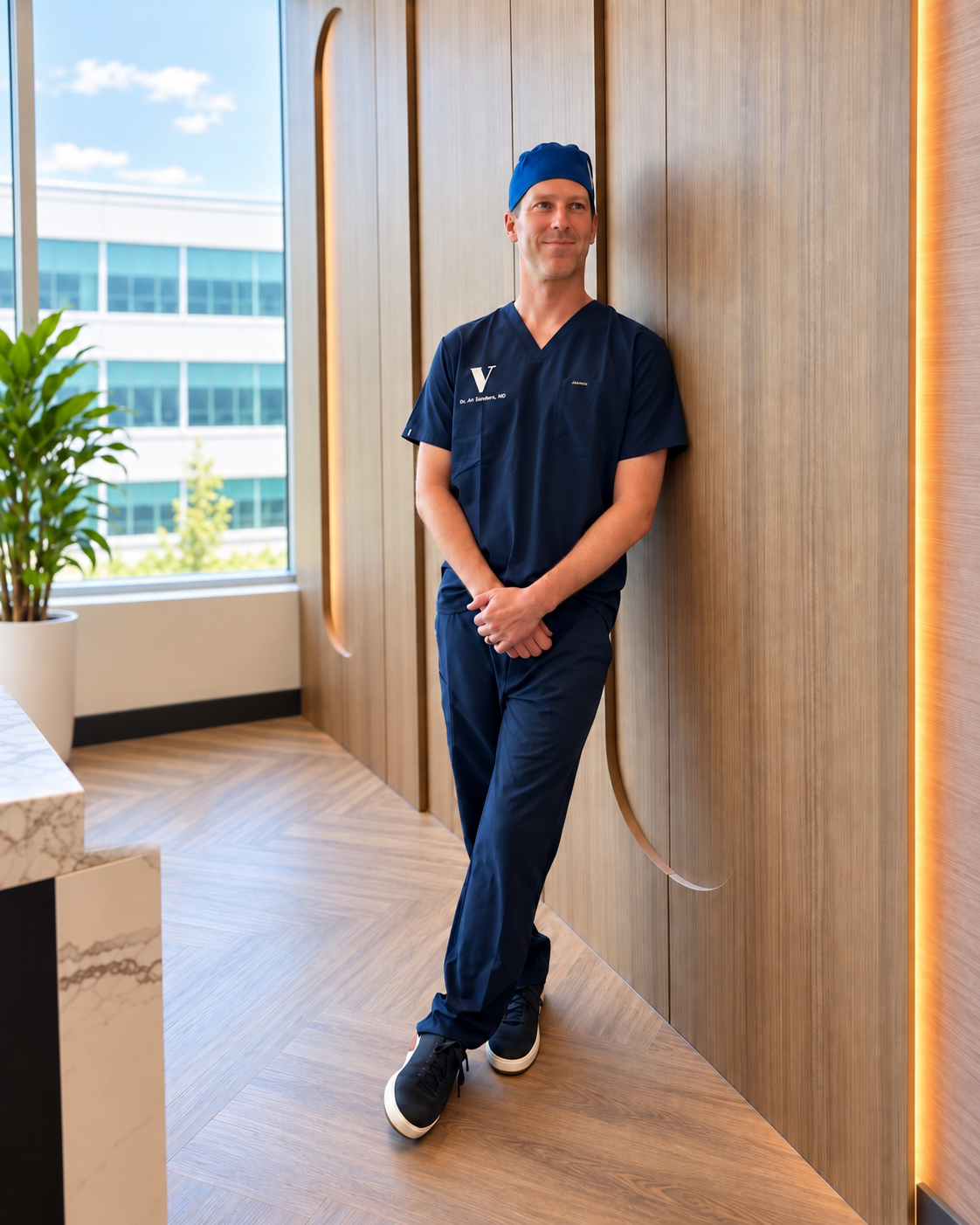 Dr Ari Sanders - A man in navy blue medical scrubs, wearing a matching cap, standing in a modern office or hospital setting, leaning against a wooden wall next to a window with a cityscape view.