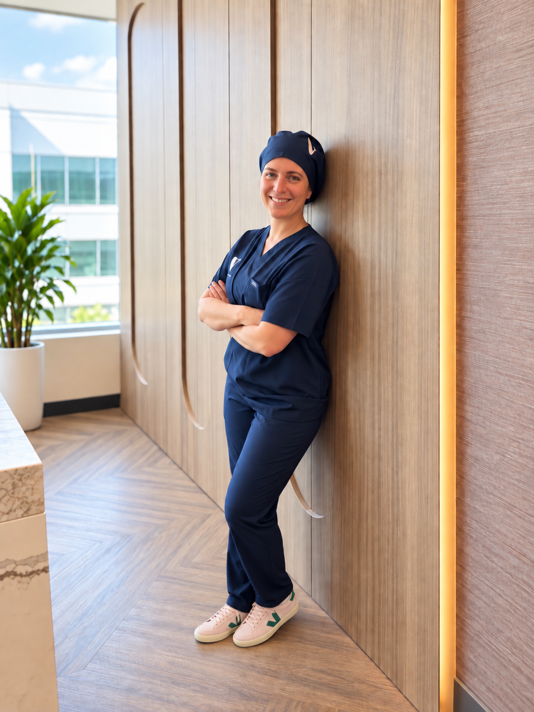 A woman in navy medical scrubs and sneakers, standing and leaning against a wooden wall in a modern building, smiling at the camera.