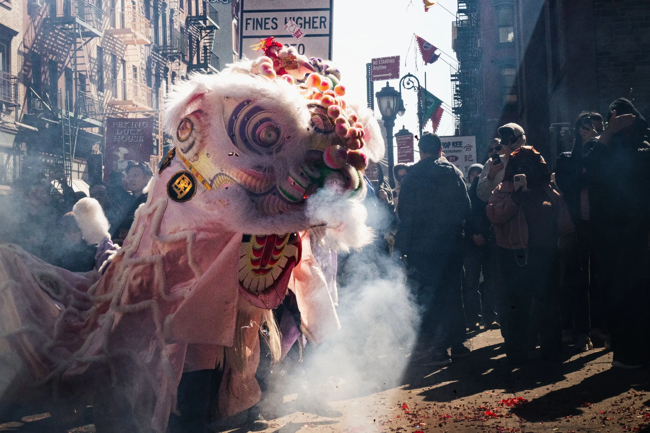 A person wearing a traditional lion dance costume with an elaborate lion head in a city street during a festival or parade. Onlookers watch and take photos, with buildings, signs, and flags visible in the background.