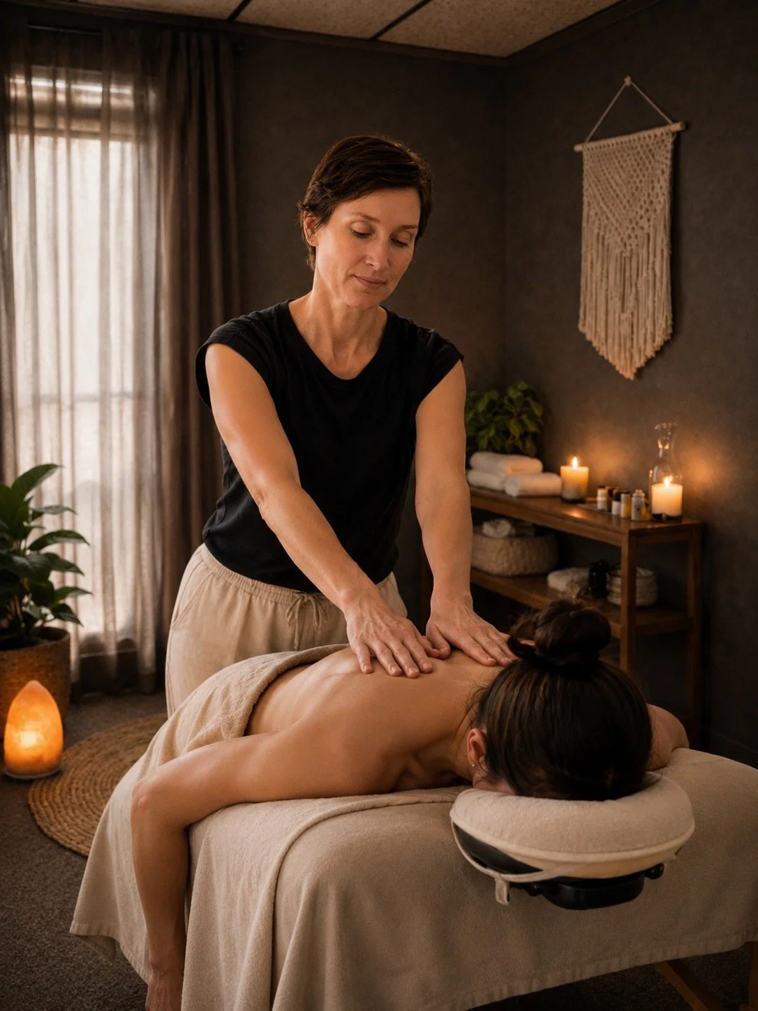 A woman receives a back massage from a massage therapist in a cozy, dimly lit room with candles and plants.