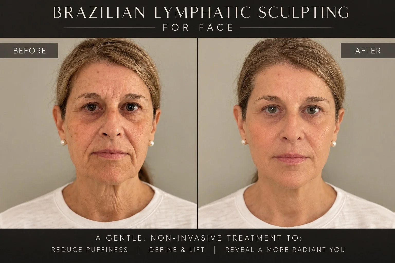 Before and after photos showing the effects of Brazilian lymphatic sculpting for face, illustrating reduced puffiness, lifted, and more radiant appearance.