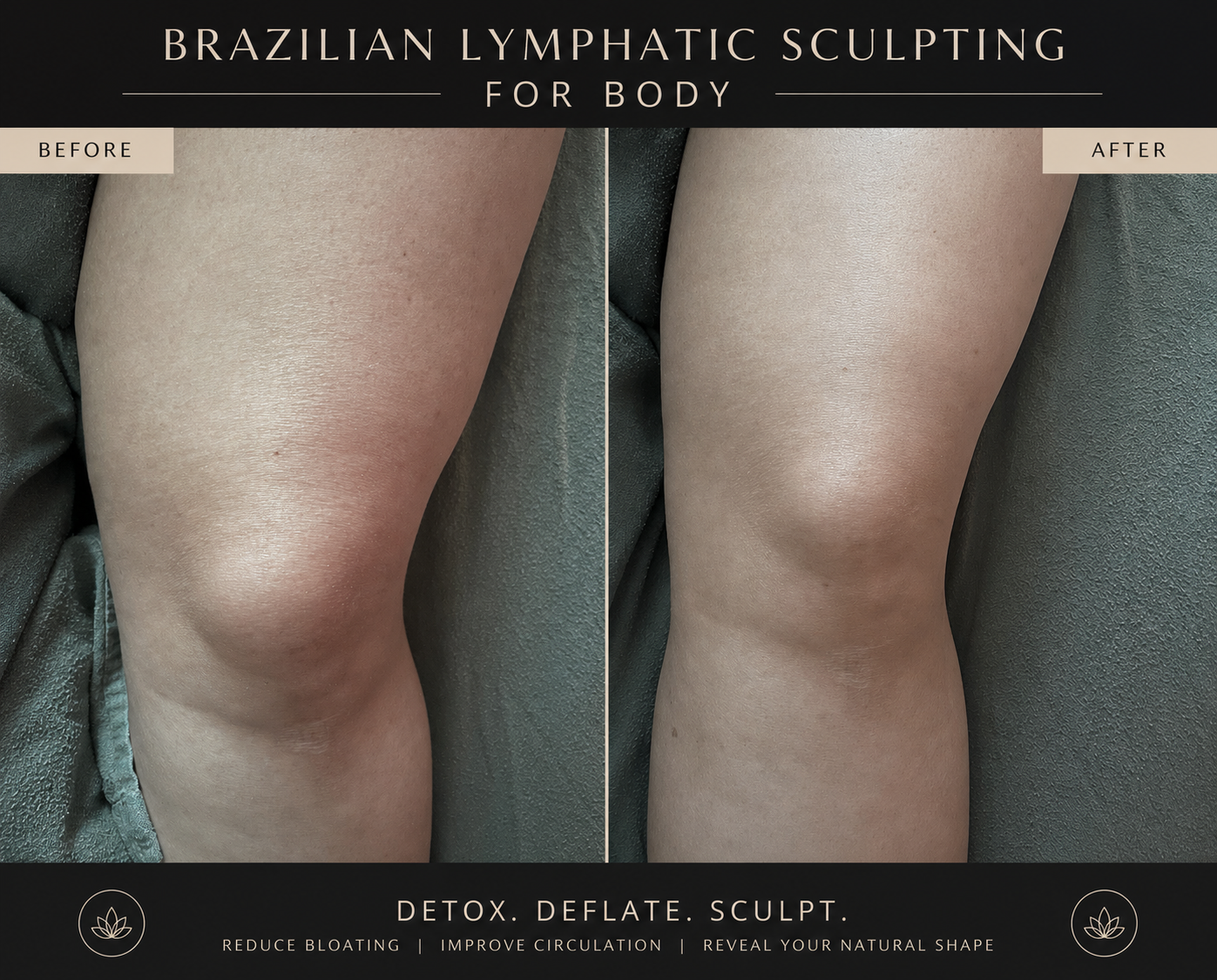 Before and after images of a person's knee, showing the results of Brazilian lymphatic sculpting for body detoxification, deflation, and toning.