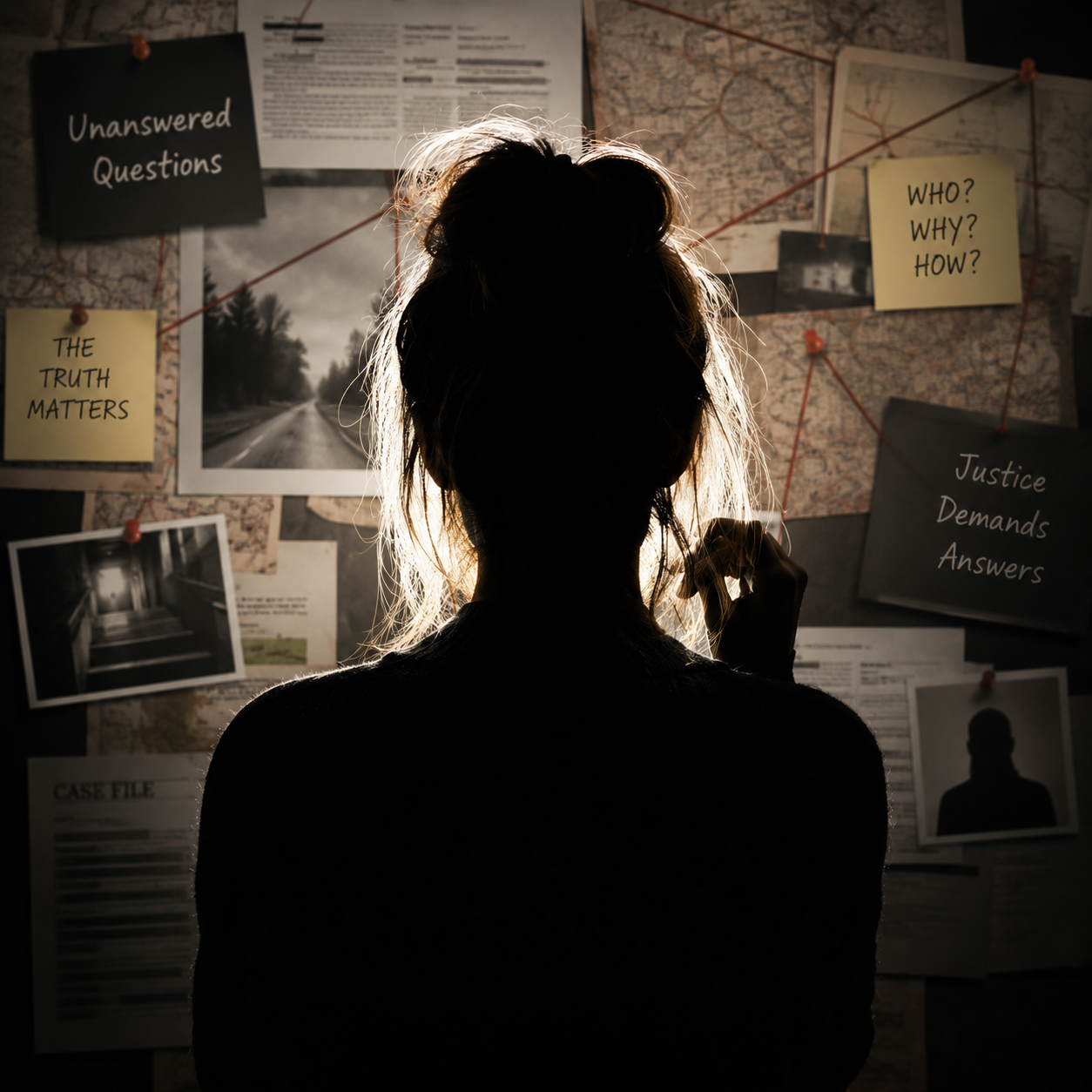 A woman with curly hair tied up looks at a bulletin board filled with documents, photos, and notes, some of which are pinned with orange push pins, creating a photo or investigation scene.
