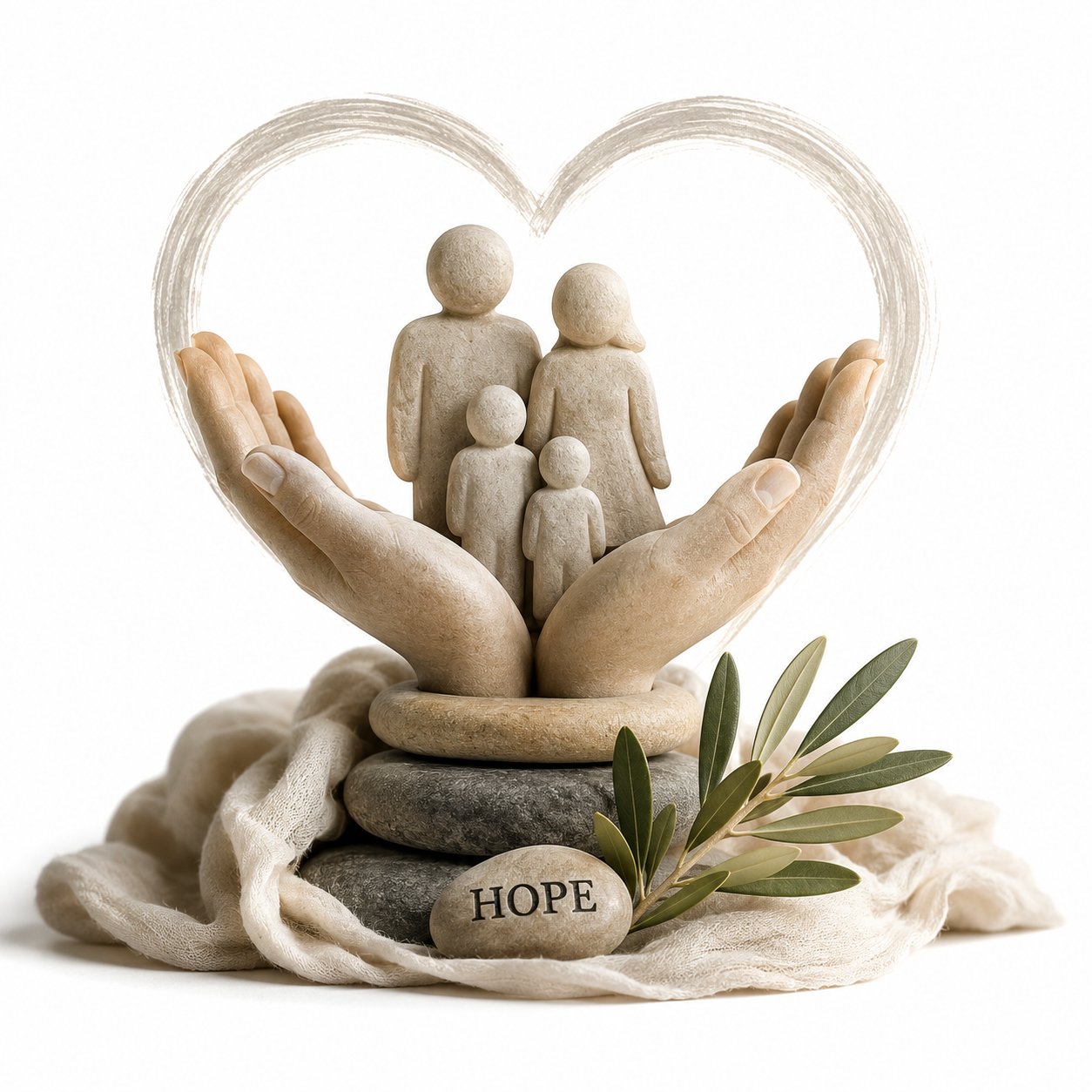 A pair of hands holding a miniature family of four figurines inside a heart-shaped outline, with a stone labeled 'HOPE' and green leaves nearby.