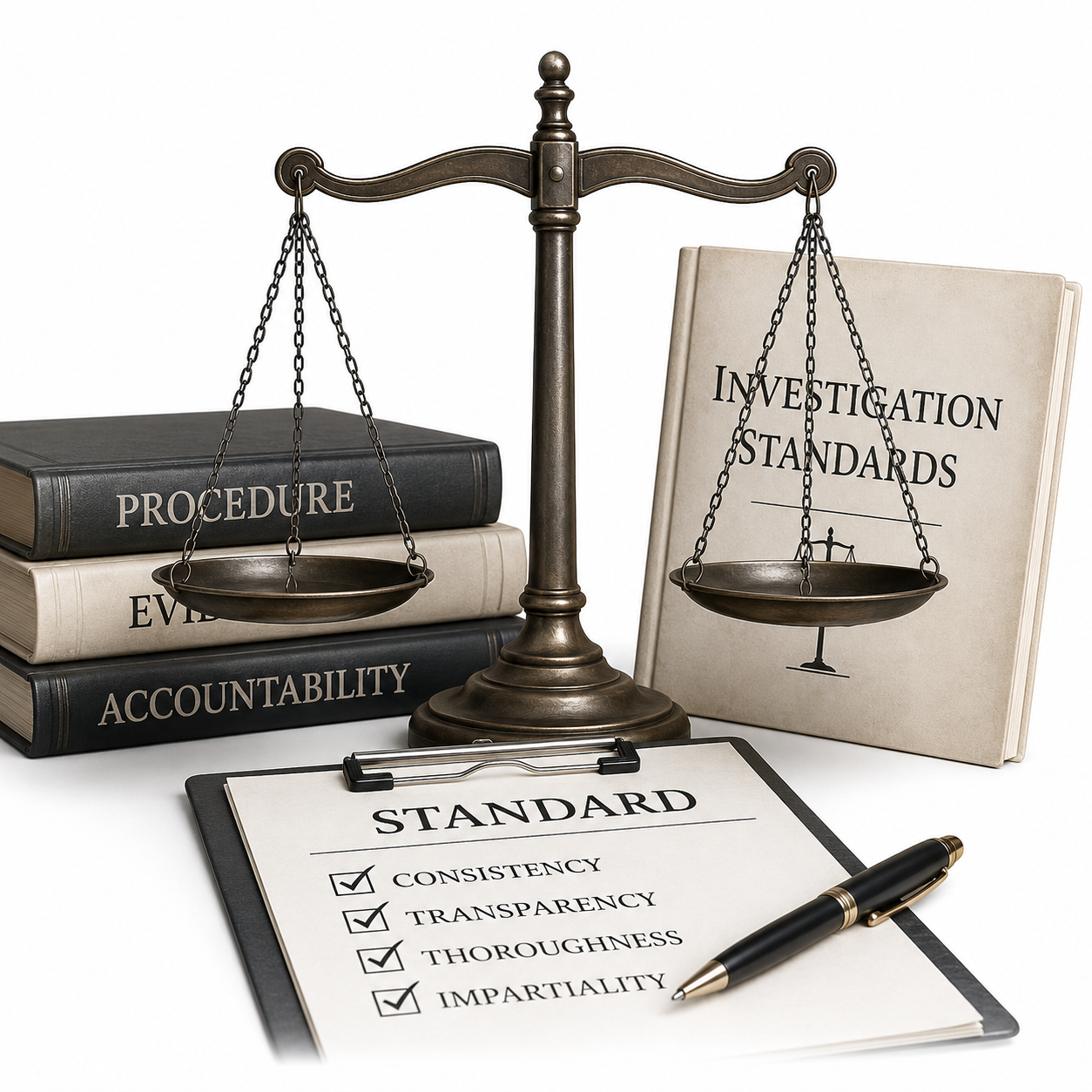 Scales balancing law books labeled Procedure and Evidence and a book titled Investigation Standards, with a clipboard titled Standard and a pen in front.