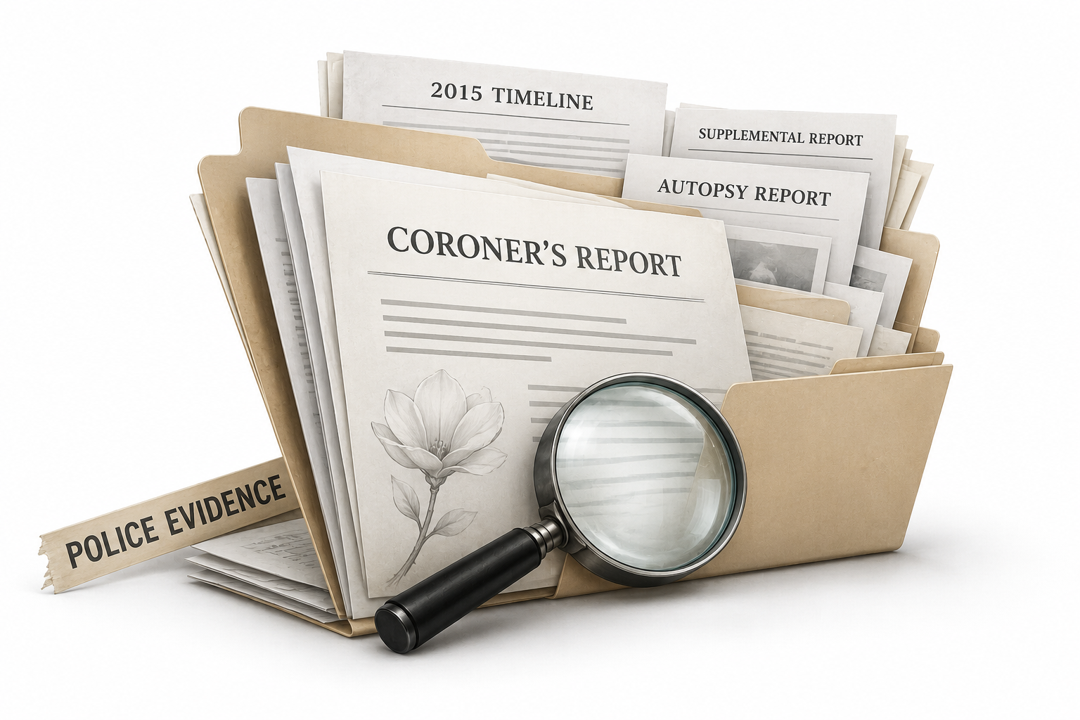 A file folder containing various forensic and autopsy reports, including a coroners report, autopsy report, supplementary report, and a 2015 timeline, with a magnifying glass and a police evidence tape.