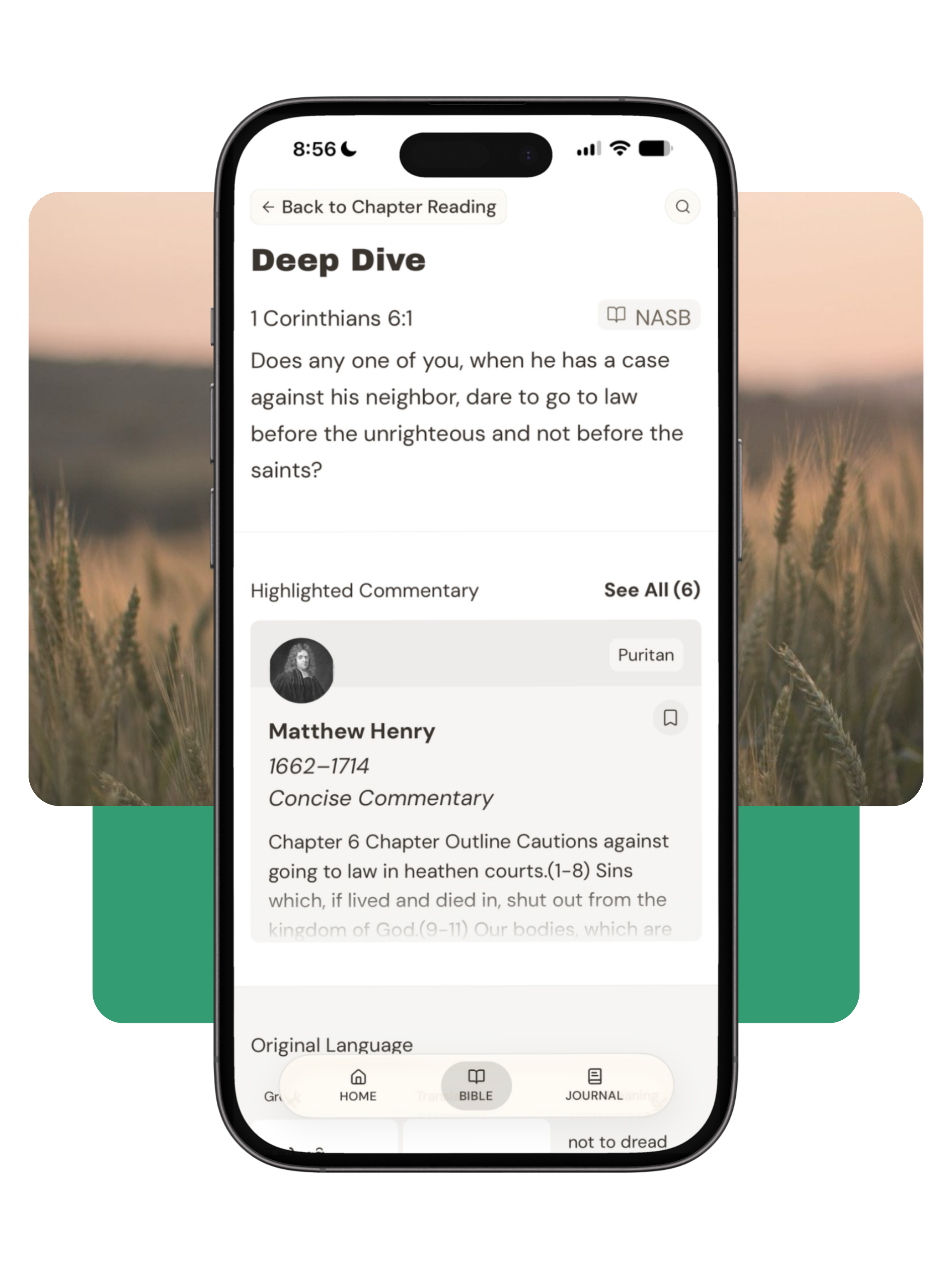 Image of a smartphone displaying a digital Bible app with a chapter titled 'Deep Dive' on 1 Corinthians 6:1, showing commentary and features like 'Back to Chapter Reading', 'NASB', and navigation buttons at the bottom, against a background of a wheat field at sunset.