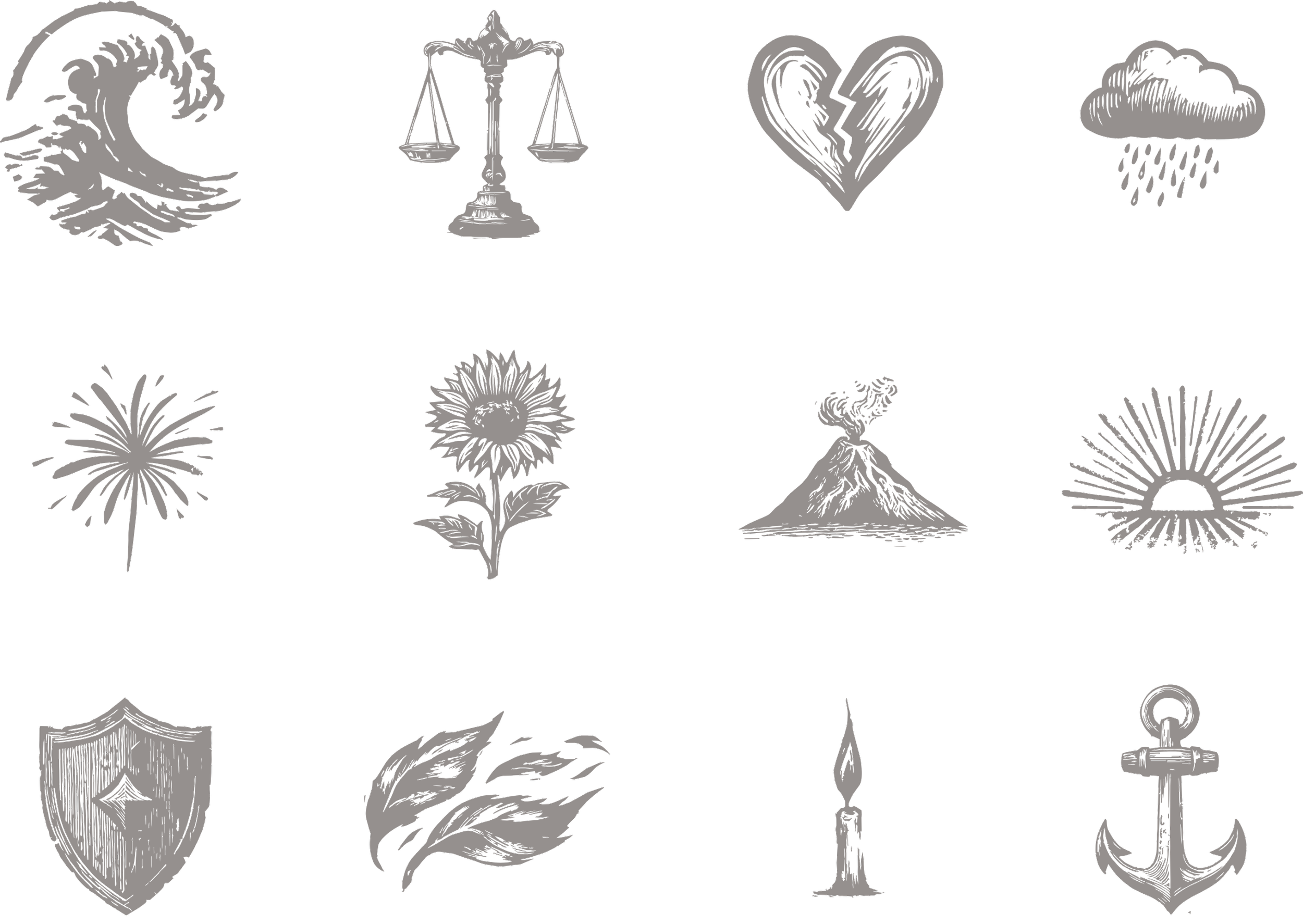 Various monochrome icons including a wave, scales of justice, broken heart, rain cloud, fireworks, sunflower, mountain, sun, shield, feathers, candle, anchor, and other decorative symbols.