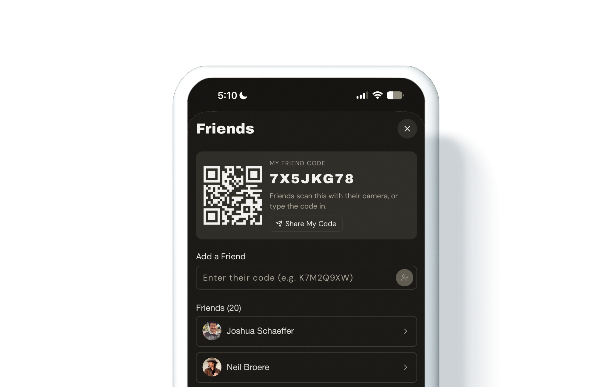 Smartphone screen displaying a messaging app, specifically the 'Friends' section, with a QR code labeled 'My Friend Code: 7X5JKG78' and a list of friends including Joshua Schaeffer and Neil Broere.