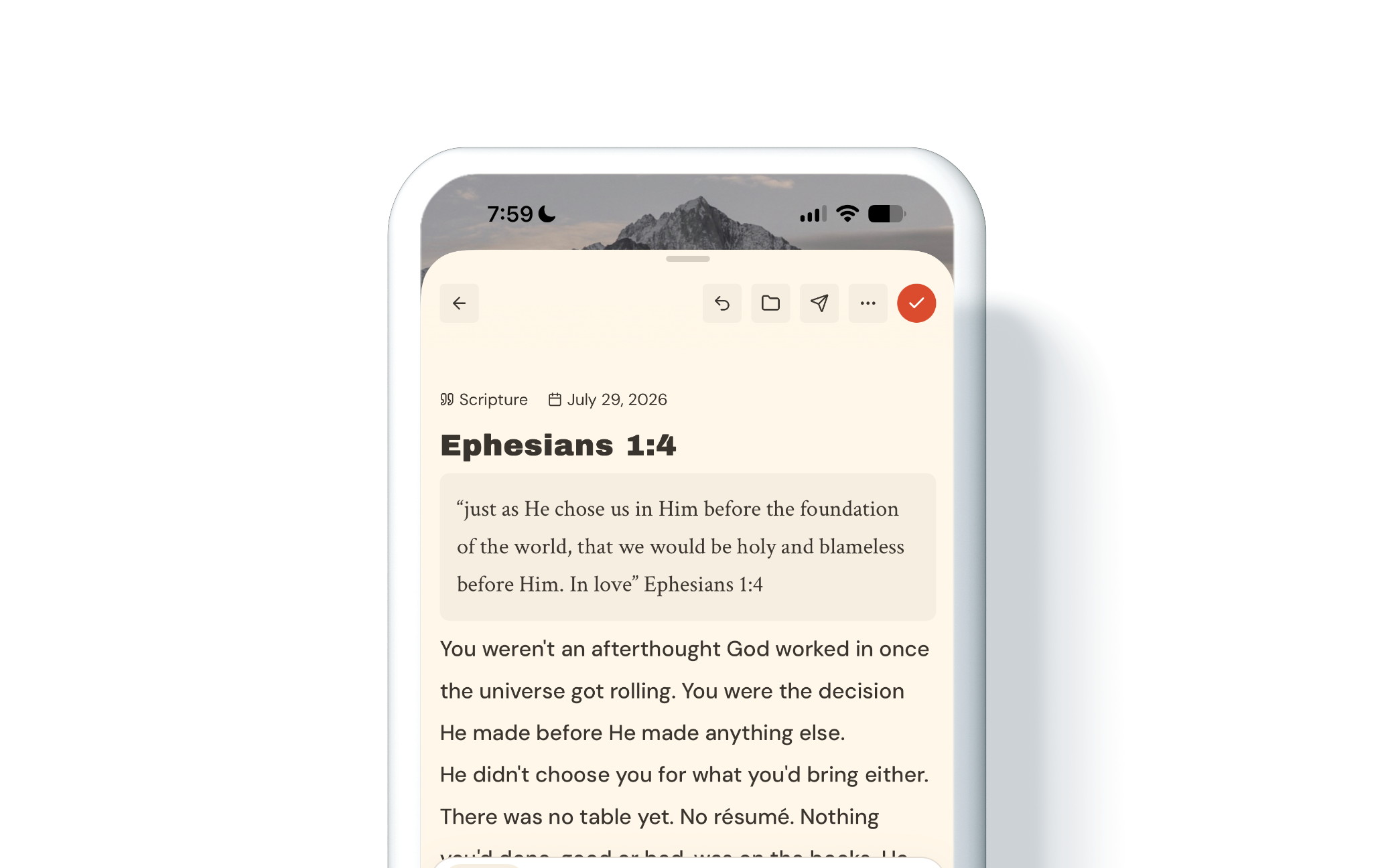 A smartphone screen displaying a digital note with a Bible verse from Ephesians 1:4, with date July 29, 2026, and icons for back, undo, folder, send, menu, and check inside the note.