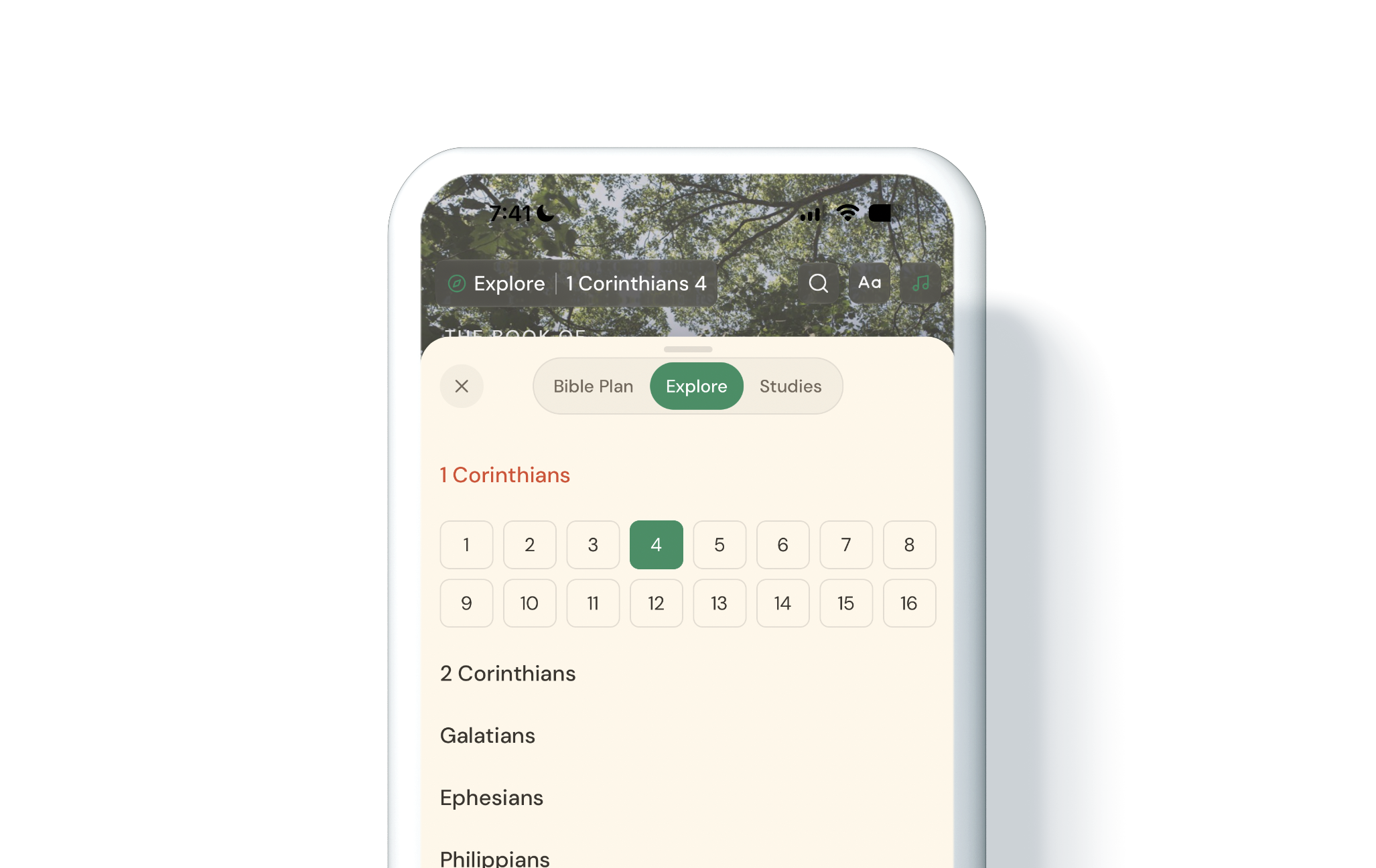 Mobile device screen displaying Bible study app with options for exploring books of the Bible, highlighting 1 Corinthians 4 and 2 Corinthians.