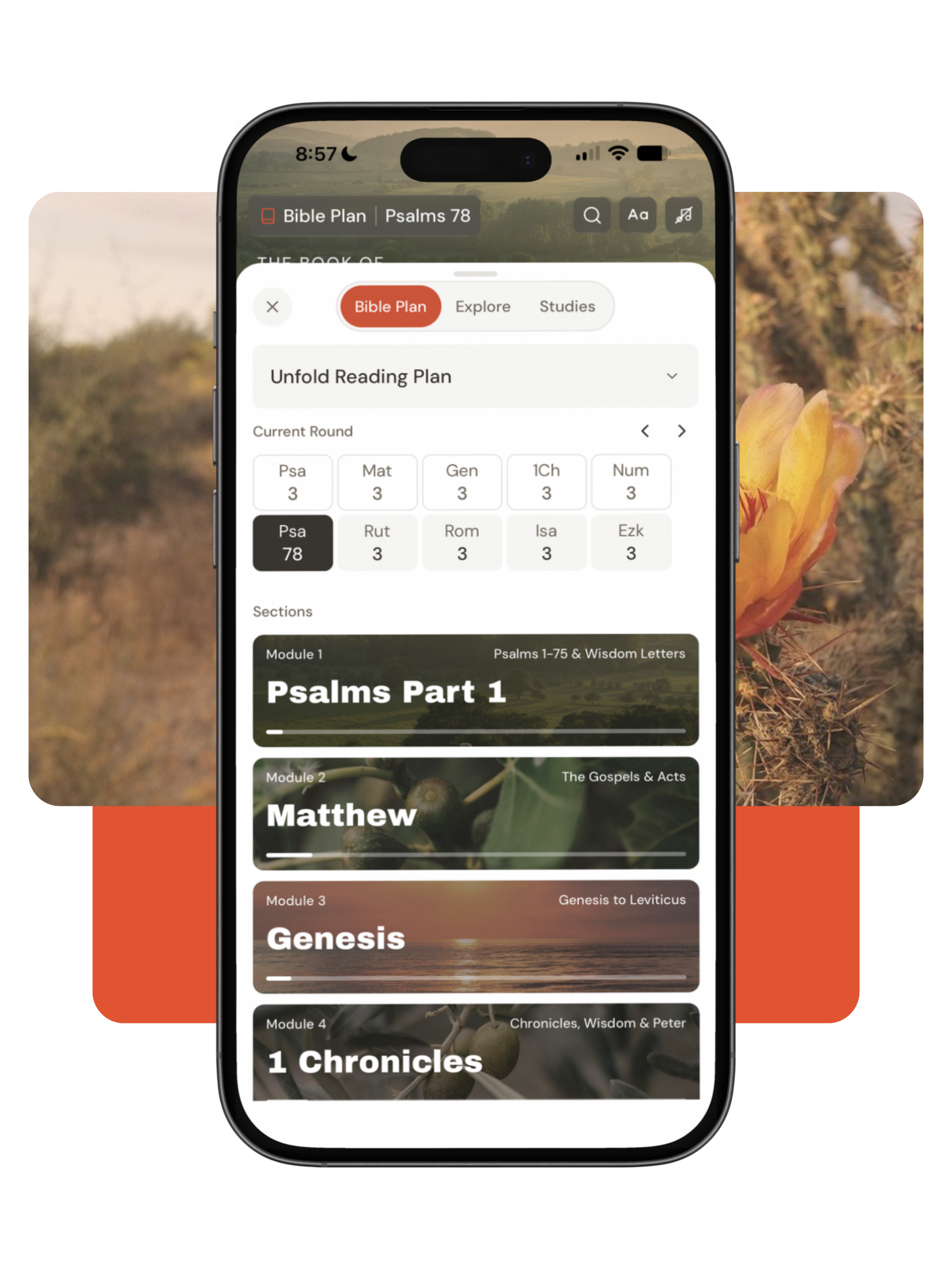 The image shows a close-up of a smartphone screen displaying a Bible study app with chapters from Psalms, Matthew, Genesis, and 1 Chronicles. The background on the phone screen features nature scenes, such as a desert landscape, a leafy branch, and a sunset.