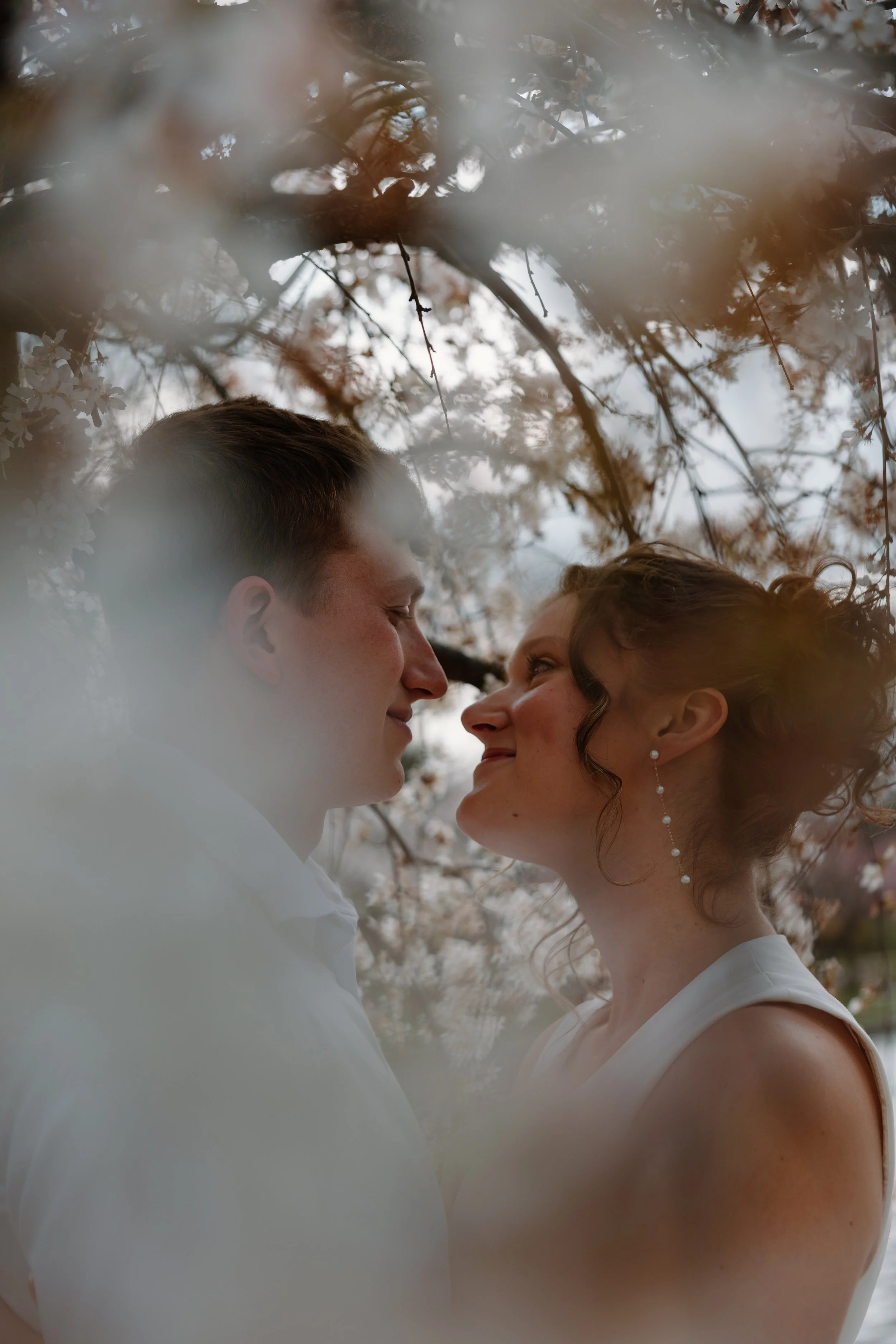 A close-up of a couple looking deeply into each other's eyes with flowers in the background, creating an intimate and romantic scene.
