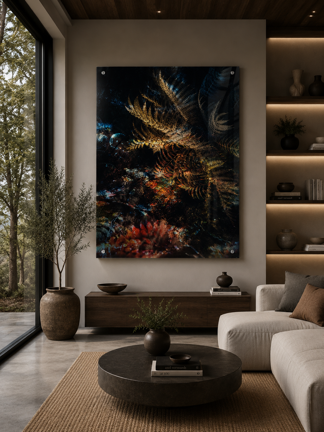 Modern living room with large abstract artwork on wall, beige sofa with pillows, black round coffee table with books and decorative items, plant in large brown vase, built-in bookshelf with books and vases, large window showing trees outside.