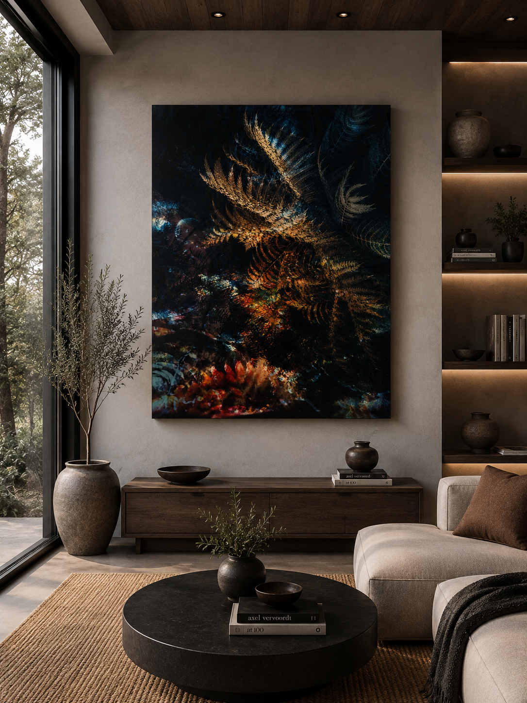 Living room with large abstract art featuring dark blue and gold fern designs on the wall. Contains a beige sofa, black round coffee table with plants and books, wooden sideboard, large potted plant, and built-in shelves with vases and books. Large window shows trees outside.