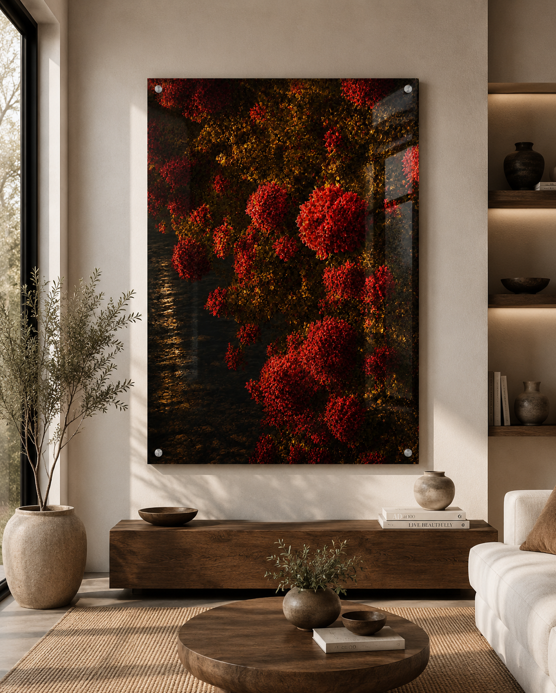 Photograph of a modern living room with a large wall art of red flowers hanging on a beige wall, a potted plant, a wooden sideboard, a beige sofa, and a round wooden coffee table with decorative vases and books.