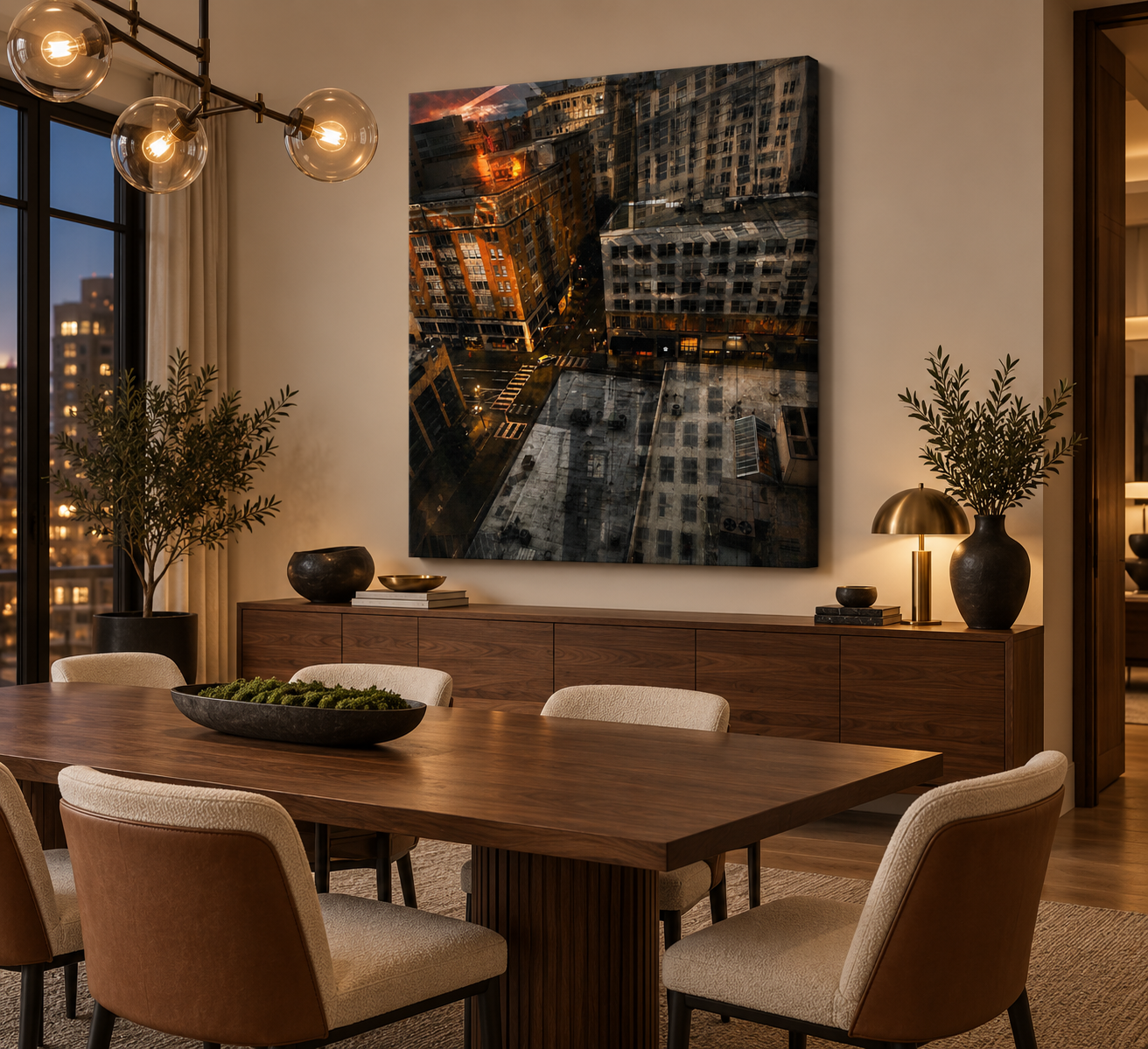 Modern dining room with a wooden table, upholstered chairs, sideboard, decorative vases, and a large cityscape artwork on the wall. Warm lighting creates a cozy ambiance.