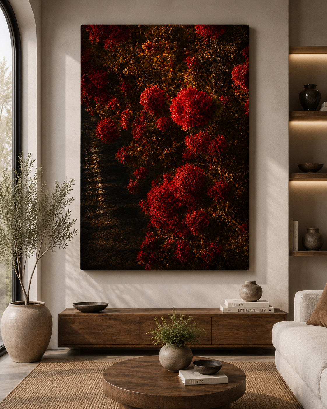 Living room with large wall art of red flowers and dark foliage, beige sofa, wooden coffee table, potted plants, and built-in shelves with decorative items.
