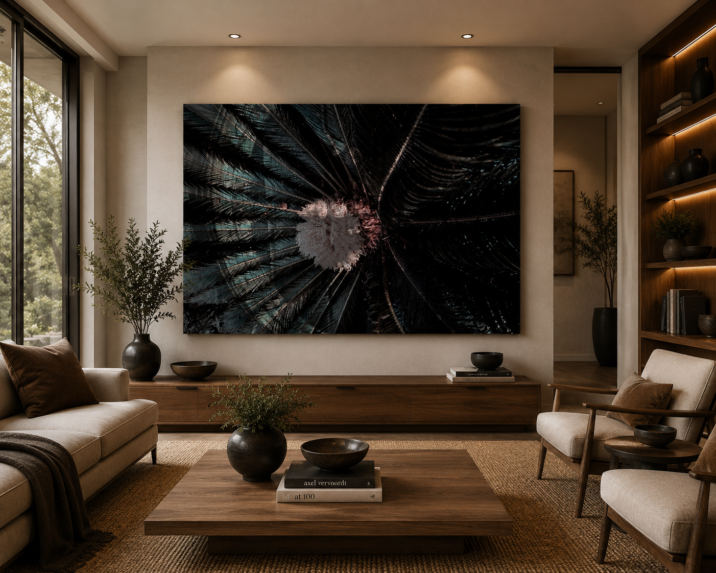 Modern living room with a large wall art piece featuring dark palm leaves and a white flower in the center. The room has beige walls, a wooden TV console, a coffee table with black bowls and books, and beige armchairs with brown pillows. Large windows with greenery outside, and this cozy space is decorated with black vases and plants on shelves and surfaces.