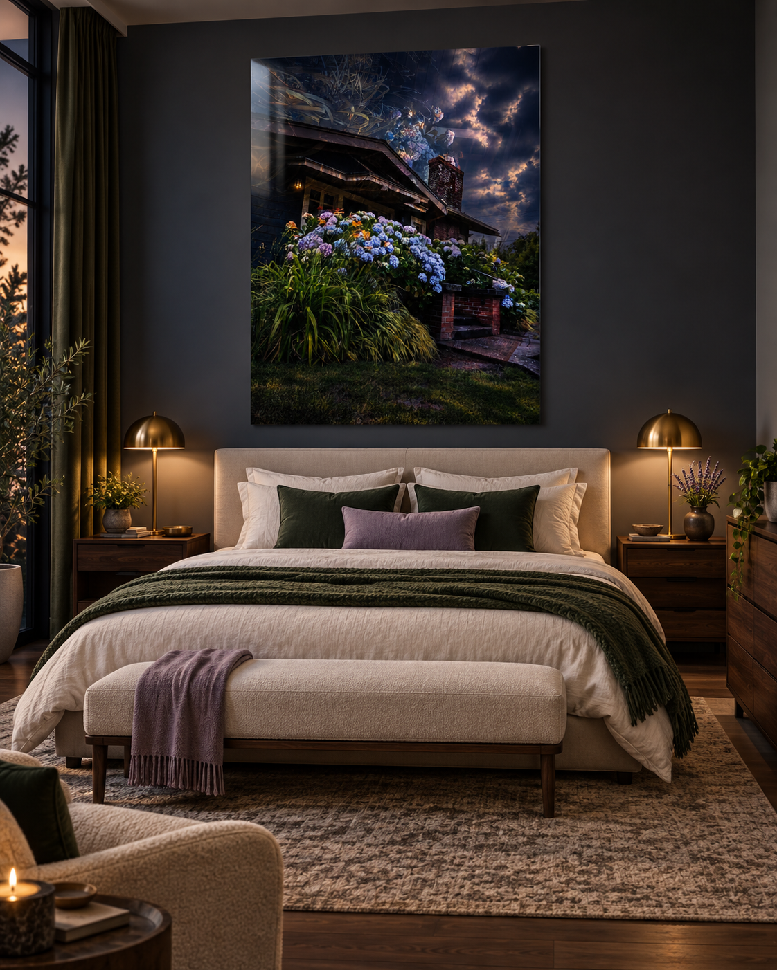 A bedroom featuring a large framed photograph of a house with a garden and a cloudy sky above, hanging on a dark gray wall. The room has a bed with cream-colored bedding and dark green pillows, with side tables, lamps, and potted plants around.