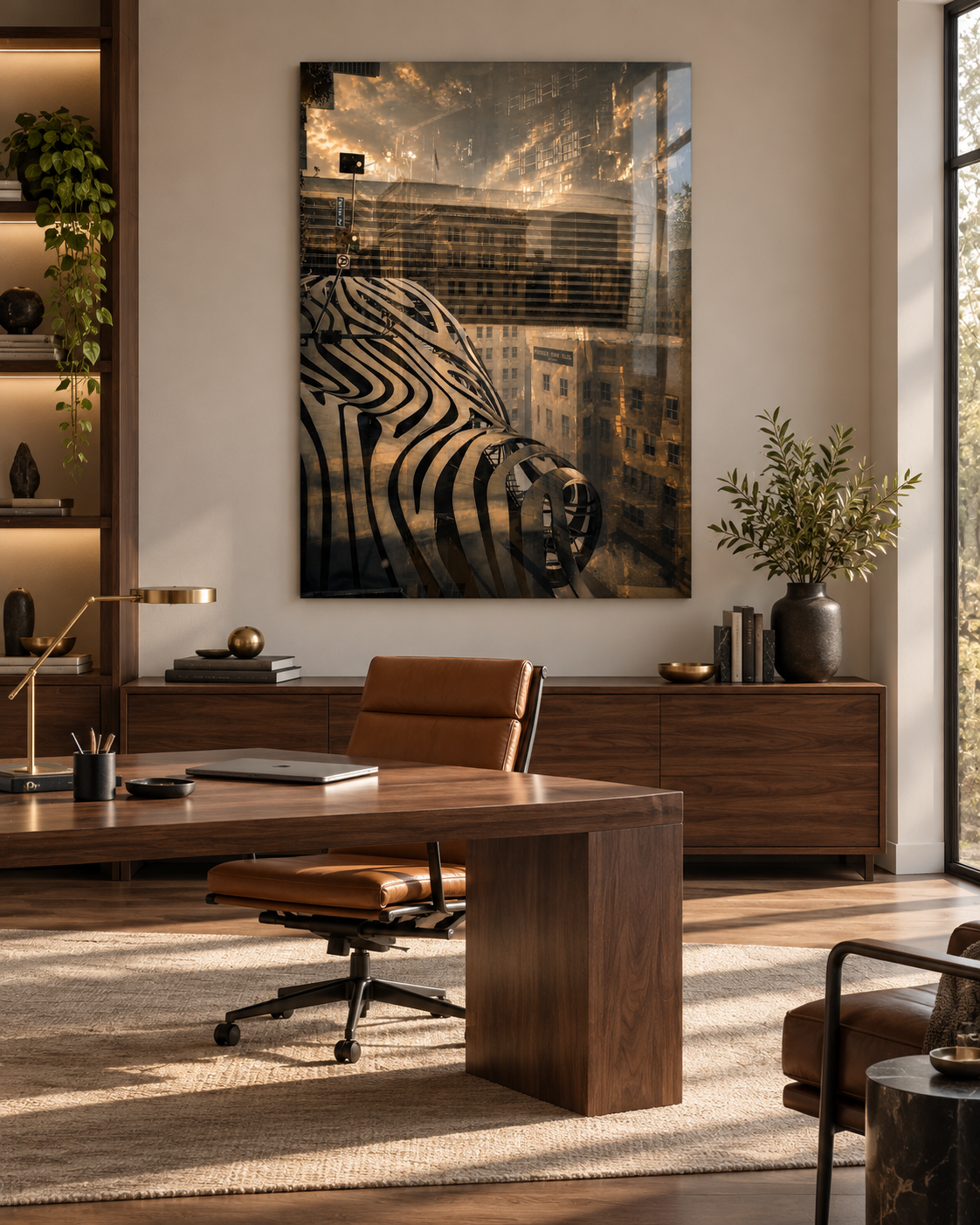 Modern office with wooden desk, leather chair, large abstract cityscape artwork, potted plant, books, and decorative objects, illuminated by natural light.