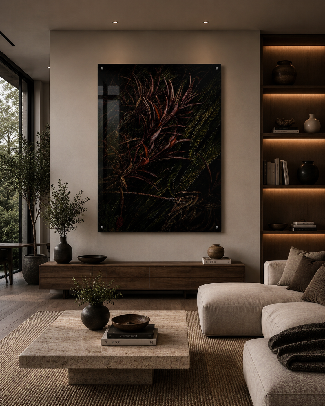 Modern living room with a large botanical art piece on the wall, a beige sectional sofa, a marble coffee table with books and bowls, wooden shelving with decorative items, and large windows with greenery outside.
