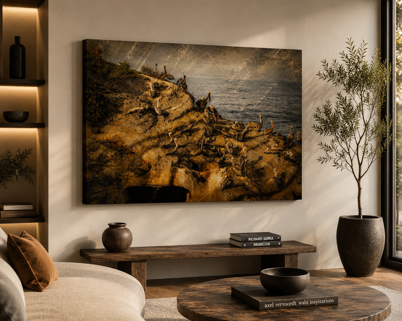 Living room with a large painting of rocks and a group of ducks by the sea hanging on the wall, a wooden console table with decorative books, a vase and a bowl, a beige sofa with a brown cushion, a tall potted tree, and a window letting in natural light.