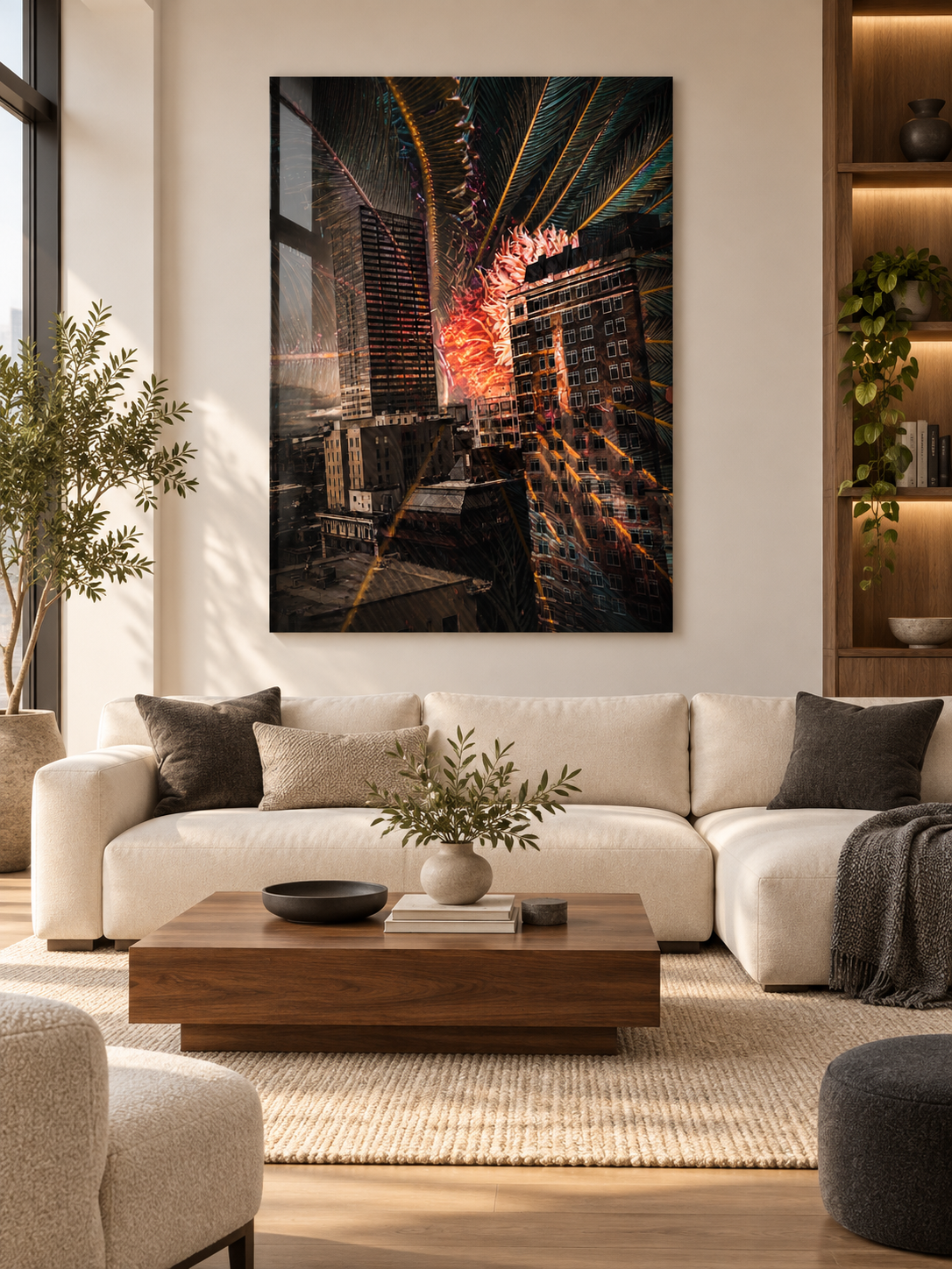 Modern living room with a white sofa, dark and light throw pillows, a wooden coffee table with a plant, and framed cityscape artwork on the wall, with sunlight coming through large windows.