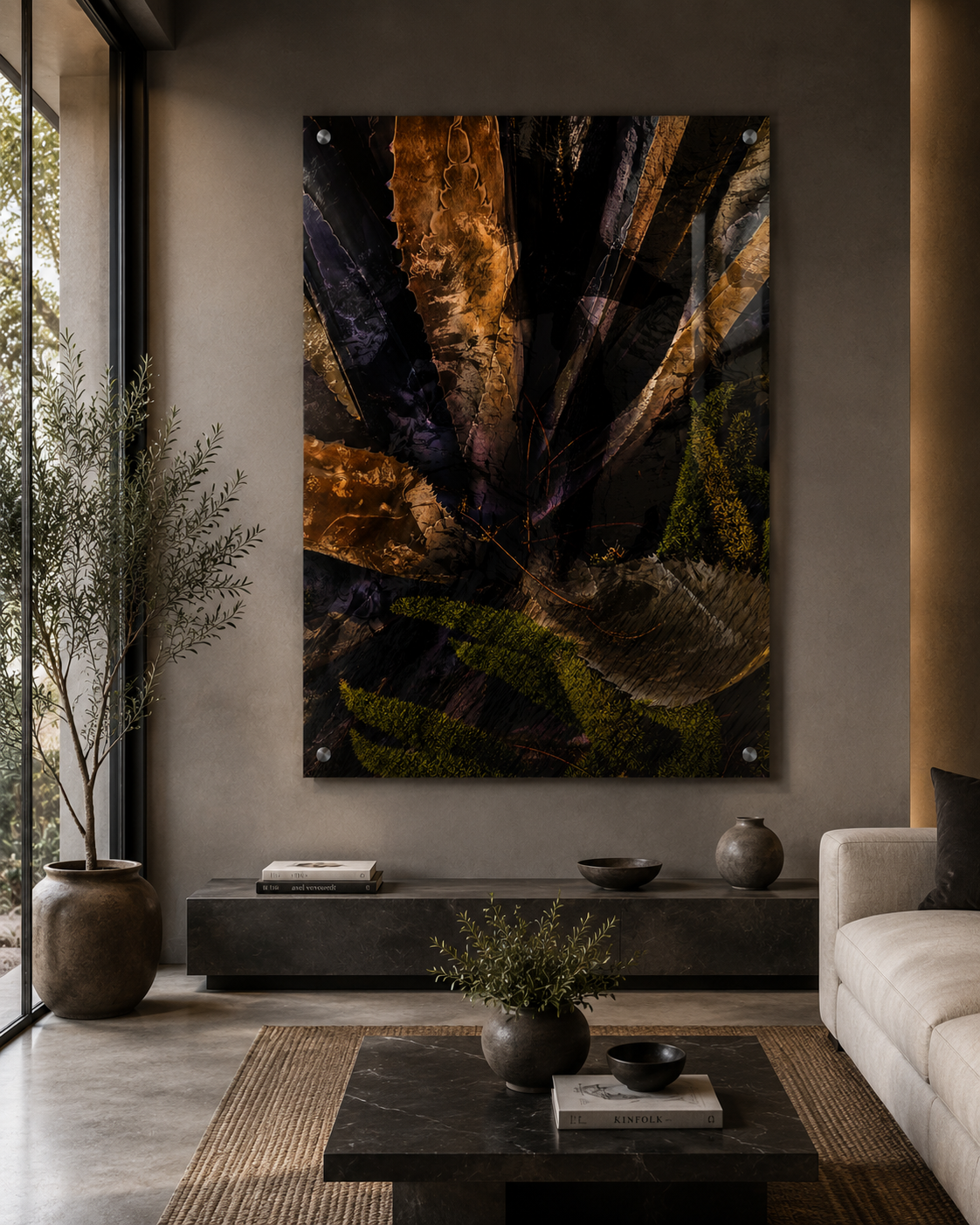Modern living room with a large abstract artwork, potted plant, and minimalist decor.