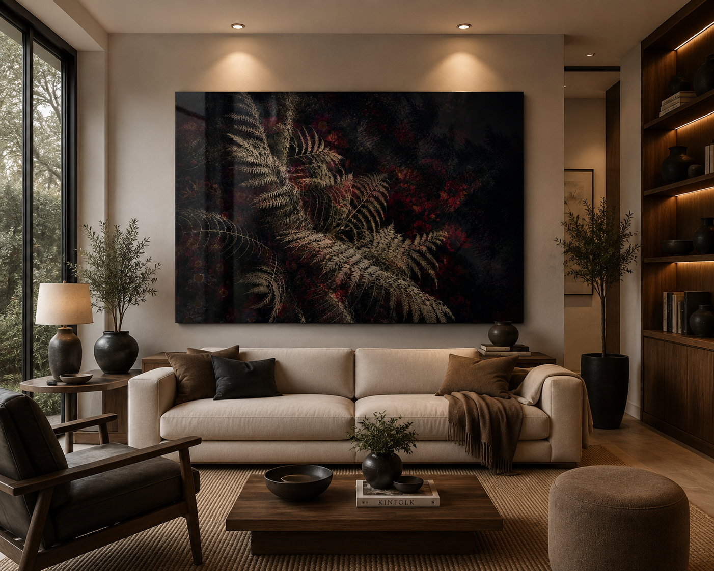 Modern living room with a beige sofa, dark wooden side tables, black and brown cushions, a large framed artwork of foliage on the wall, potted plants, a floor lamp, sliding glass door, and built-in wooden bookshelf with vases and books.