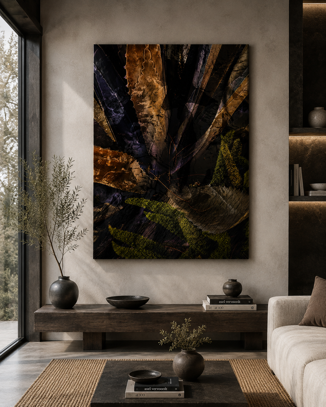 Modern living room with an abstract black, brown, and green painting on a beige wall, a wooden console table with ceramic vases, books, a black bowl, and a beige sofa with a brown pillow. Large window with a view of trees.