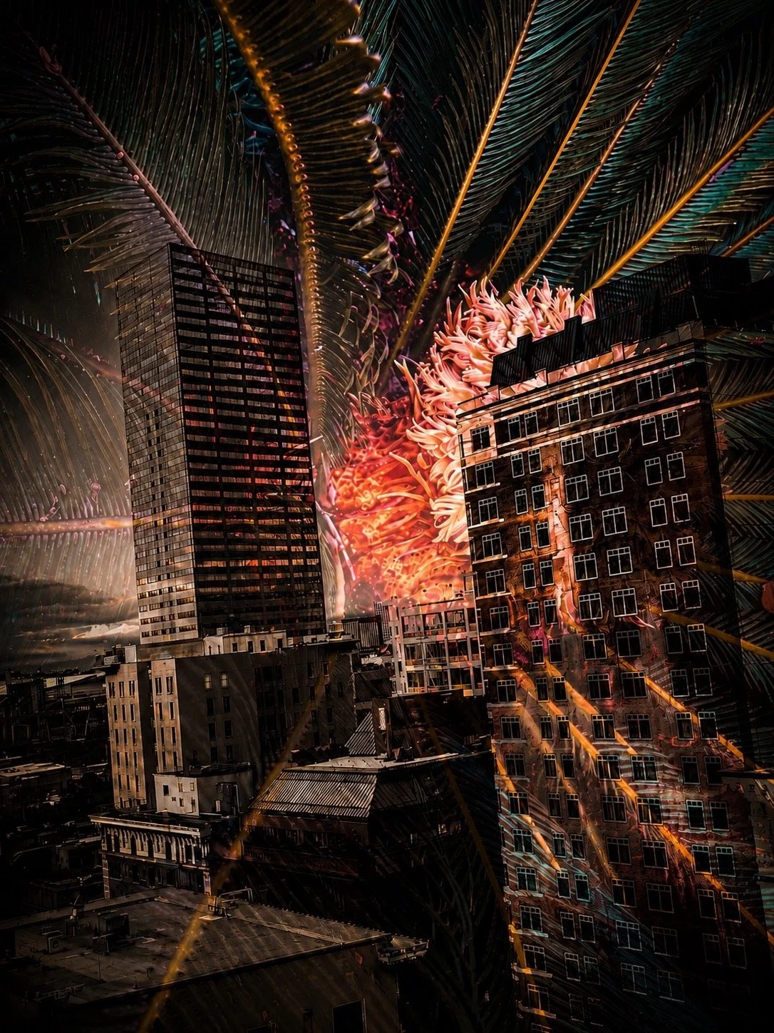 A cityscape at night with tall buildings overlaid with large, colorful, fiery explosion and palm leaf patterns.